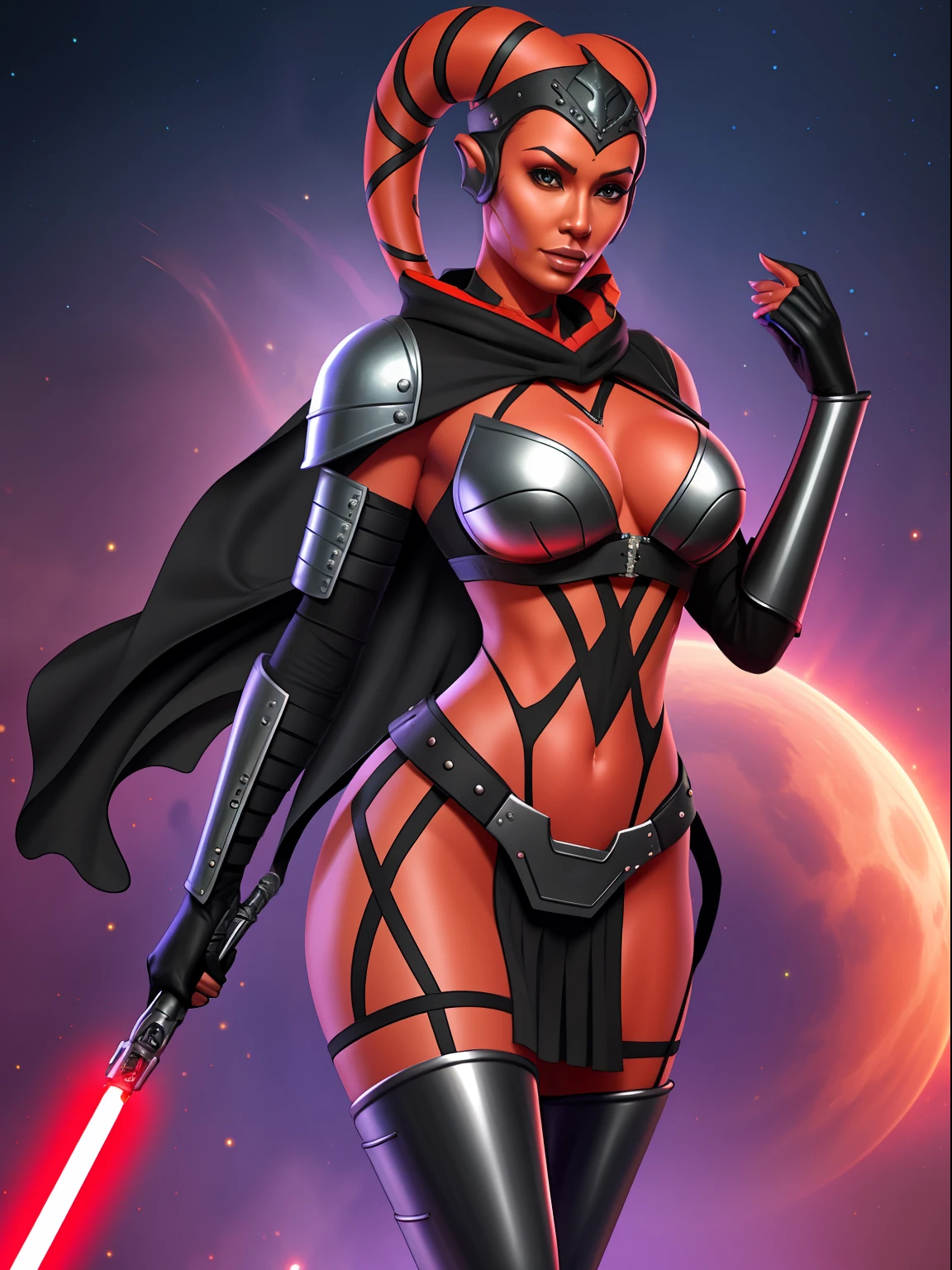 ((red skin), twi'lek), dual red lightsabers, evil space knight, space ninja, (black robes, black stealth armor, breastplate, tunic, tabard, cowl, cloak, body glove, straps, buckles, skirts, long sleeves, fantasy, ((armor))), ((busty), slender body, thin, slim sexy body, slim waist, large breasts),
