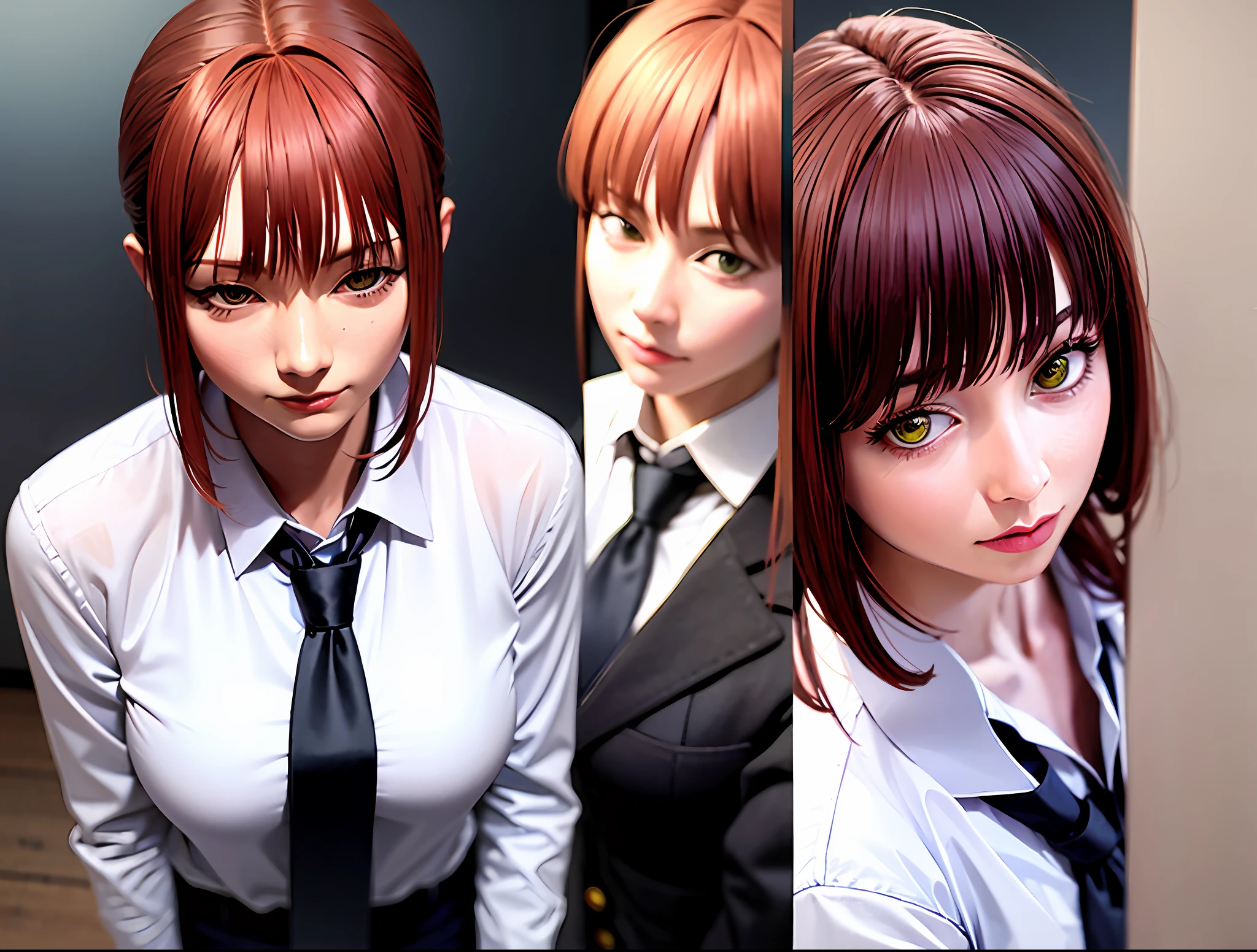 Detailed shiny skin (realistic, photorealistic: 1.4), cute girl, standing, looking out the window, white shirt, collared shirt, black tie, black pants, long sleeves, slight smile (nose turns red), yellow eyes + ring eye, short hair + red hair + braided long hair, makima \(chainsaw man\) white shirt, shirt with collar, black tie, black trousers, Boredom ,corneo_makima