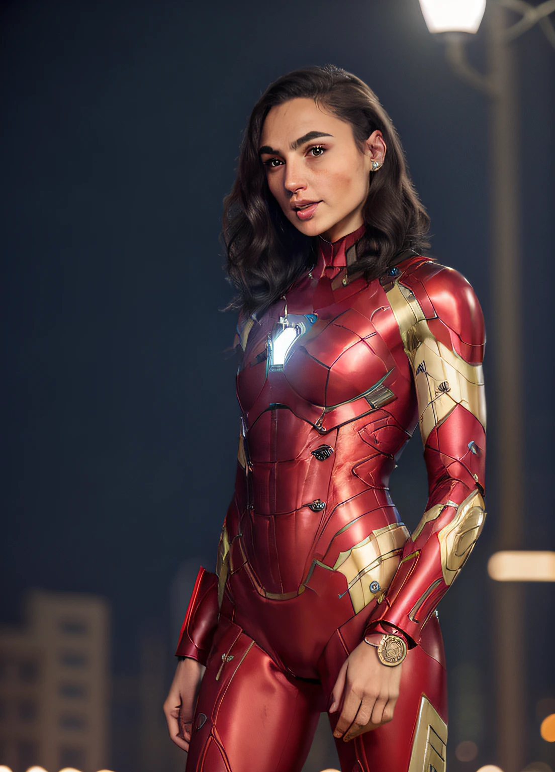 Retrato de gldot como um modelo feminino bonito, Georgia Fowler, com um rosto deslumbrante e cabelo castanho escuro curto, In the Cyberpunk City at Night. She's dressing up as an Iron Man character without the helmet, usando luvas de armadura do Homem de Ferro, Ajuste a boca para parecer mais delicada, ajuste a orelha para parecer mais realista