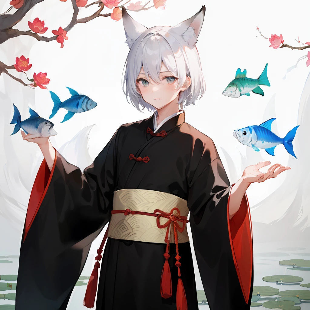 ((4k,masterpiece,best quality)), shuimobysim, traditional chinese ink painting, lotus,  hanfu, maxiskit, dress conservatively
1 boy, solo, white hair, fox ears, white,  fish, many fish near boy, look at viewer, tease,onee-shota,