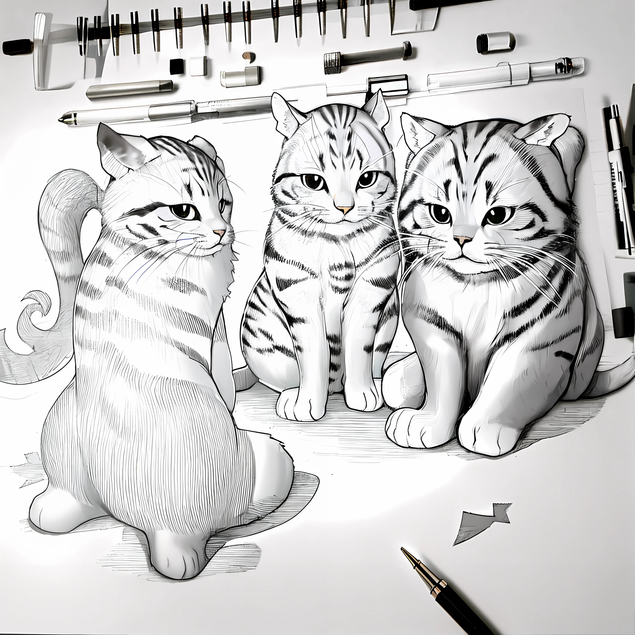 stickfigure，baby cats，half squatting，black andwhite，sketching