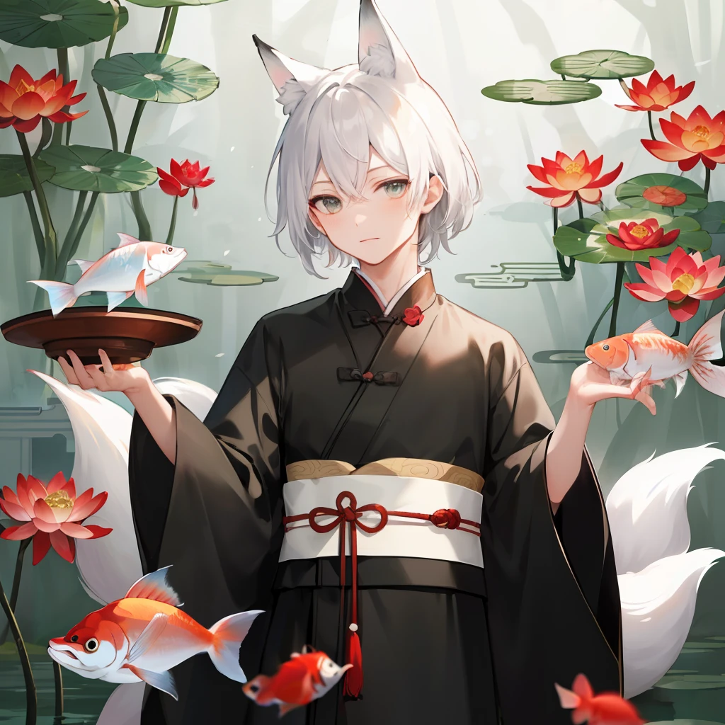 ((4k,masterpiece,best quality)), shuimobysim, traditional chinese ink painting, lotus,  hanfu, maxiskit, dress conservatively
1 boy, solo, white hair, fox ears, white,  fish, many fish near boy, look at viewer, tease,onee-shota,