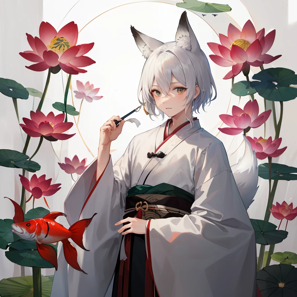 ((4k,masterpiece,best quality)), shuimobysim, traditional chinese ink painting, lotus,  hanfu, maxiskit, dress conservatively
1 boy, solo, white hair, fox ears, white,  fish, many fish near boy, look at viewer, tease,onee-shota,