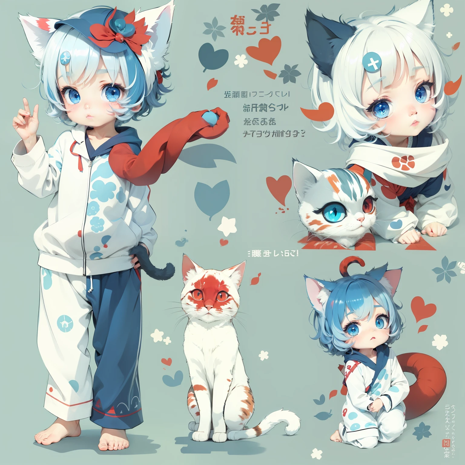 Shota,pyjamas,white skinned,Be red in the face,dark-blue hair,blue color eyes,tilts your head,The upper part of the body,cat ear,quadratic element,Need
