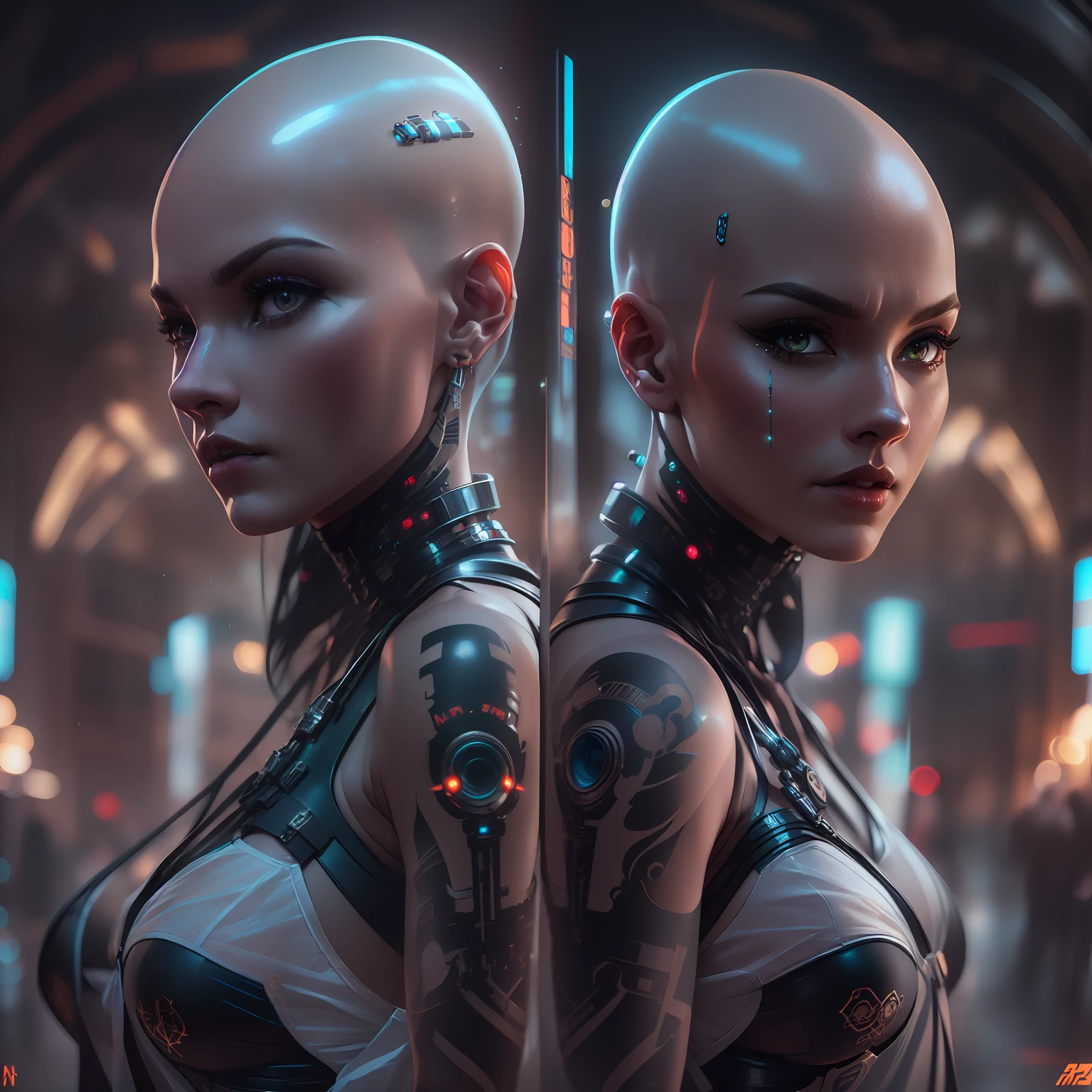 (highly detailed:1.2),(best quality:1.2),(8k:1.0),(emb-rrf-low:1.0),(many many large black tattoos on head and face and eyes:1.2),sharp focus,(award-winning photograph:1.2), (subsurface scattering:1.1) (beautiful detailed young cyborg girl:1.2), (no hair:1.2),(full body:1.2), (dynamic pose:1.2), neon glow, (detailed cybernetic eyes:1.1), close shot (hyperrealistic:1.2), rpg, elden ring style, dramatic lighting, (highly detailed futuristic cityscape:1.2), (scifi:1.2), professional portrait photography, by wlop greg rutkowski jeffrey simpson alphonse mucha