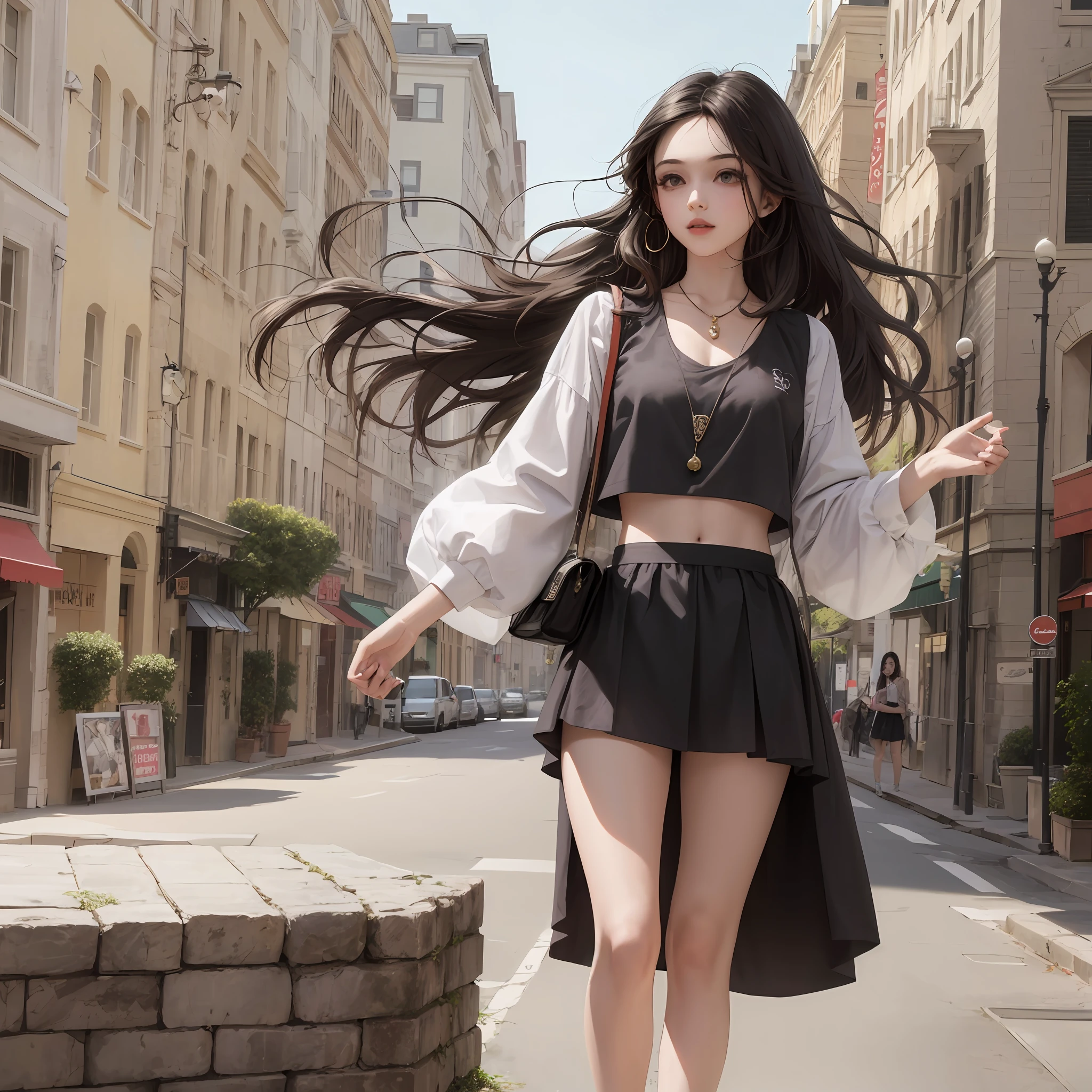 A girl in a crop top,There is a vest line,The legs are graceful,Wear canvas shoes,elvish ears,There is a bell around the neck,largeeyes,little mouth,The eyelashes are so long,There is light in the eyes,ultra-wide-angle,The picture quality is delicate,The character is now on the street ,One guy,The hair was long,wavy roll