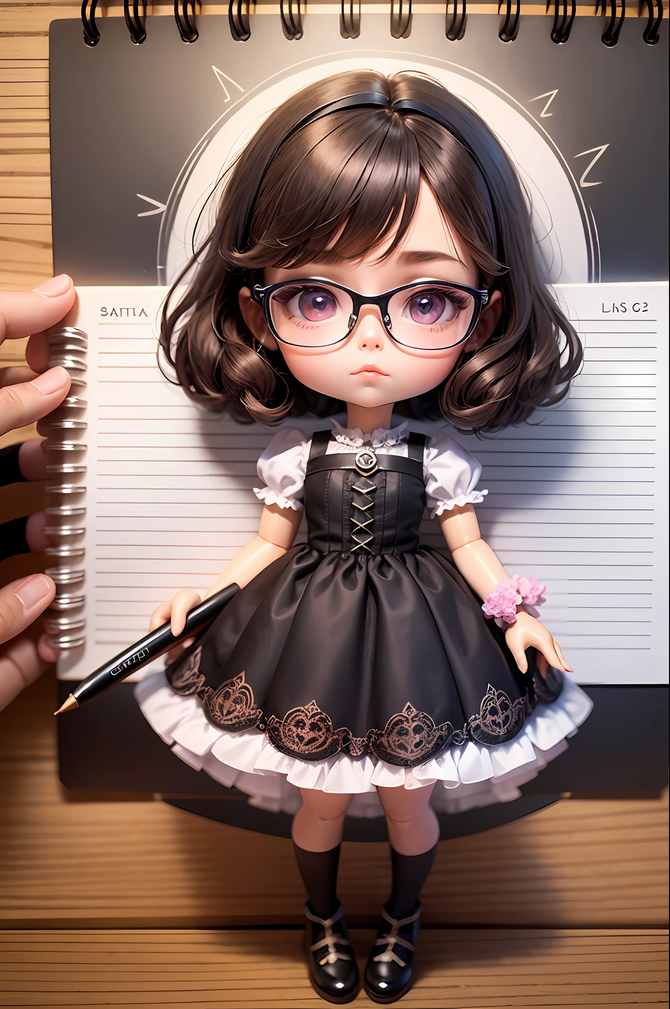 create a cute doll with a lilac knee-length dress, full body, black santalia, short brown hair, with pink framed glasses, holding a notebook, make it in the form of an illustration. --auto --s2