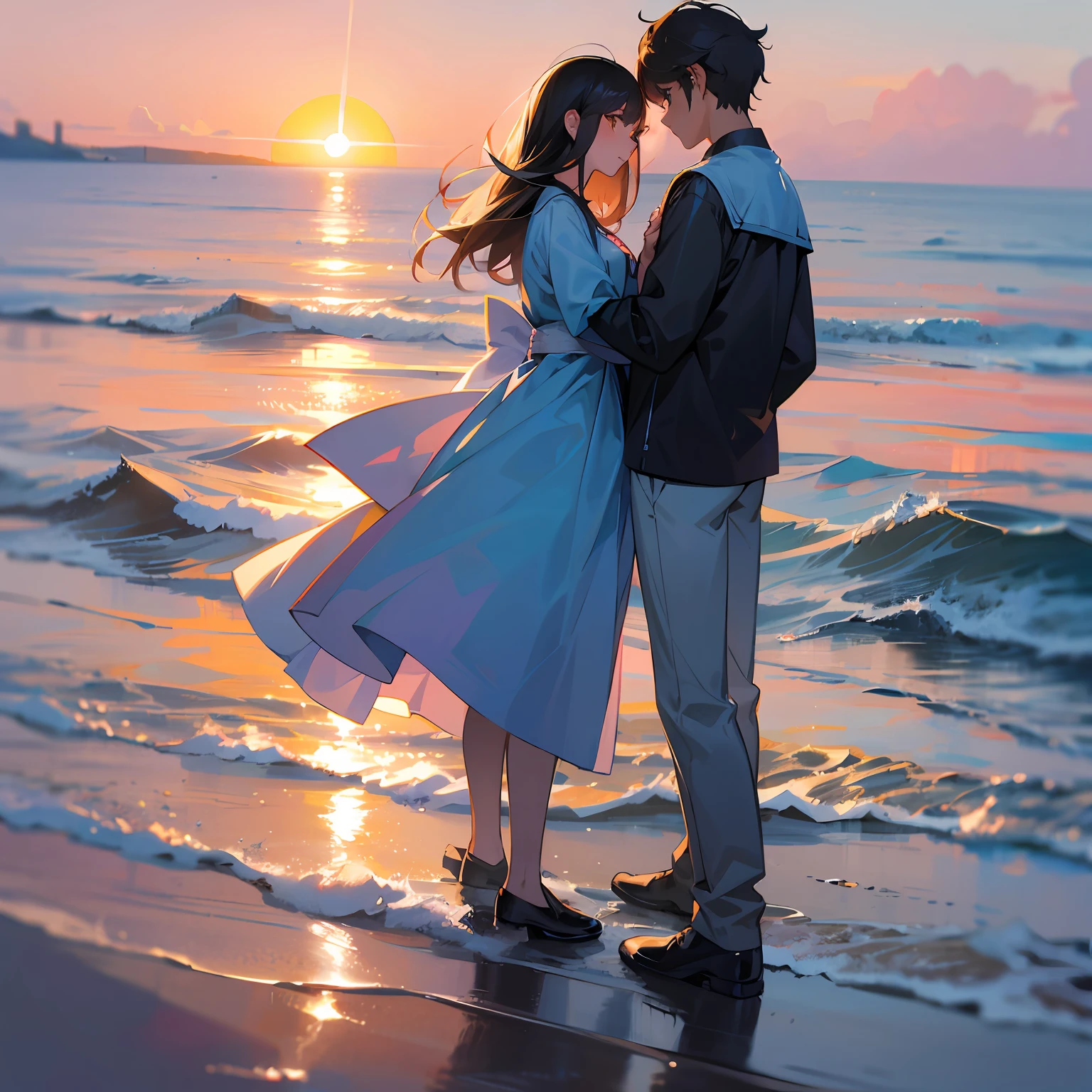 A man and a woman watch the sunrise by the sea,Girl in black,Long black hair,Girls are a little taller than boys