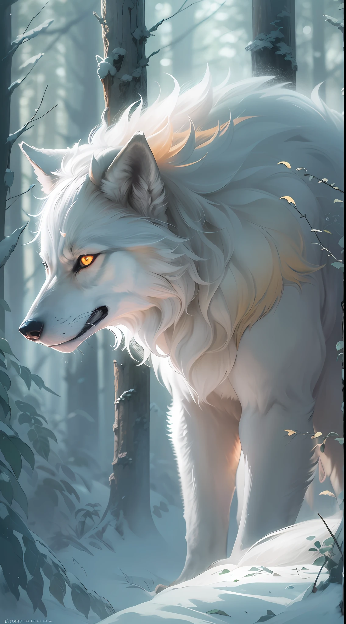 A wolf king，（Solid white：1.3），Yellow glowing eyes，Delicate fur，Finely depicted face，Realistic forest，Morning sun ，low-contrast，（Medium and near focal length：1.3），best qualityer，Extremely fine，Unlimited details，photograph of-realistic，HighestQuali，tmasterpiece，Premium wallpapers，8k,octaneratingrendering,（Do not appear in human form：1.4）