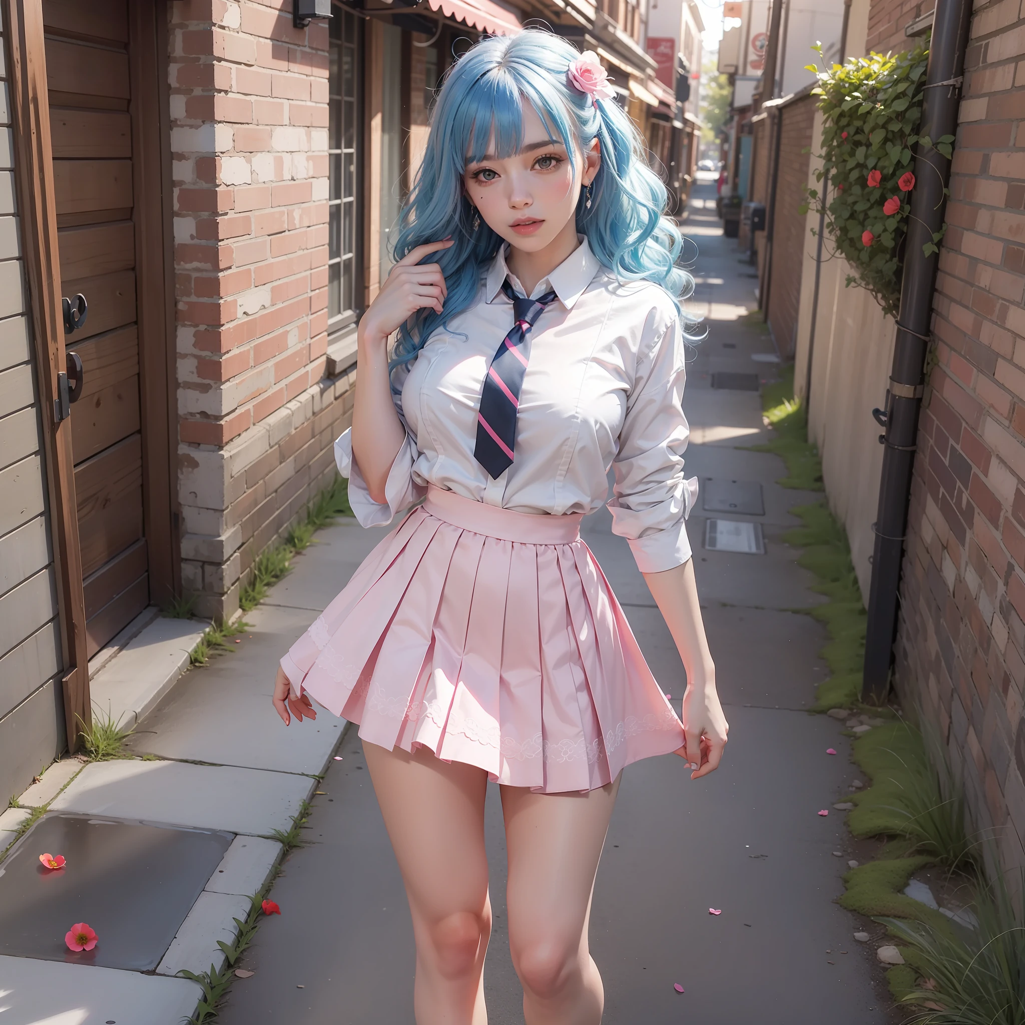 Full body shot ,Blue and pink sky, Sunset, Blue hair, Wavy hair, Blunt bangs, big breast,White elegant shirt, pink necktie, High-rise pink skirt, White stockings, Cowboy shot, Town path, Happy, Poppy flowers, Spring, Red petals, Perfect hands, nice hand,More_Details:0.5, Ultra-realistic, Ultra-detailed, Ultra HD plus 8K resolution,