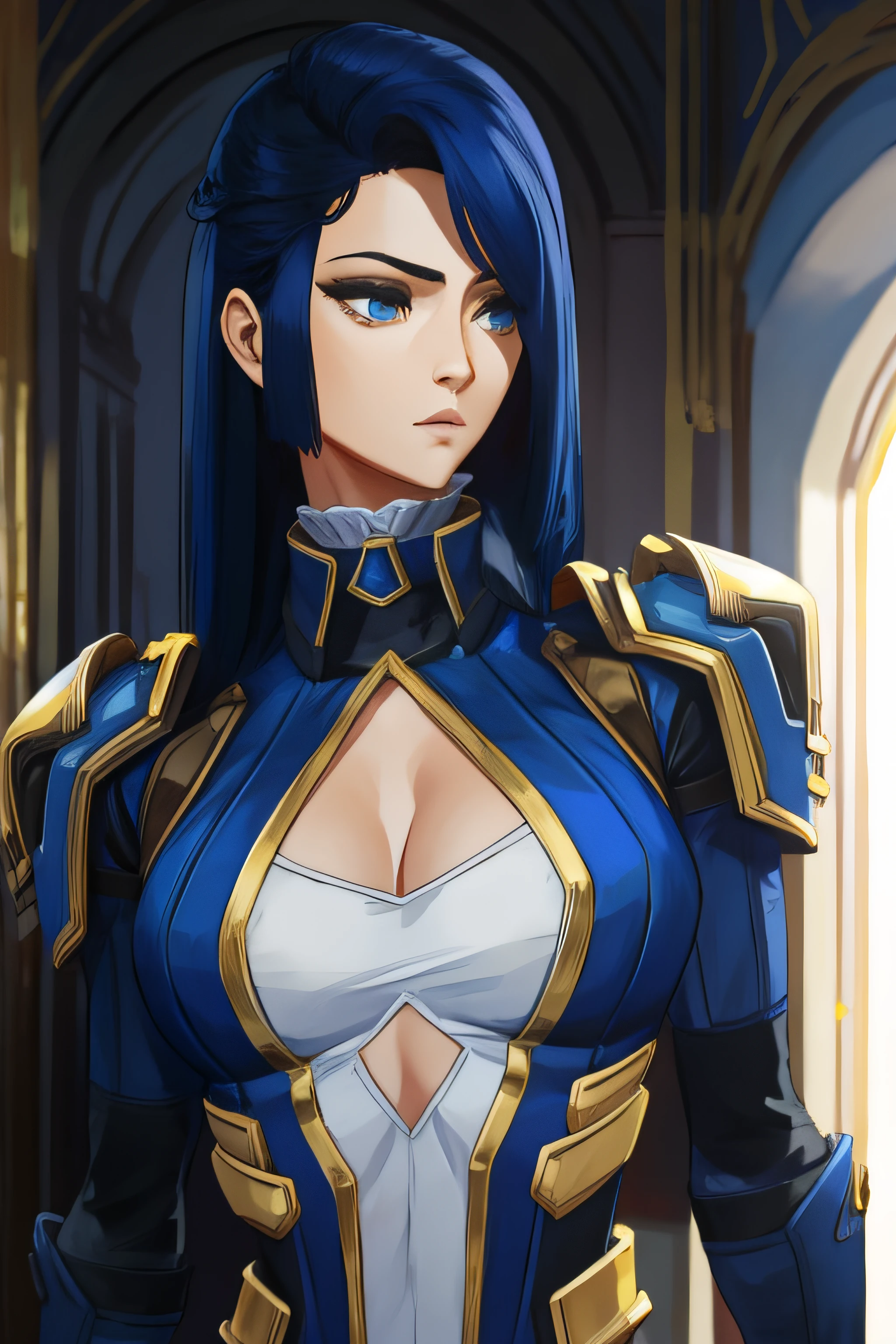 (master part, best quality),  detalhes intrincados,
1girl,  ChopioCaitlyn, cabelos longos, cabelos azuis, cabelos brilhantes, olhos azuis,
 [(crNanosuit|Foi_Glam)::0.5], [Power Armor|armadura], Usando [(crNanosuit|Foi_Glam)::0.5],