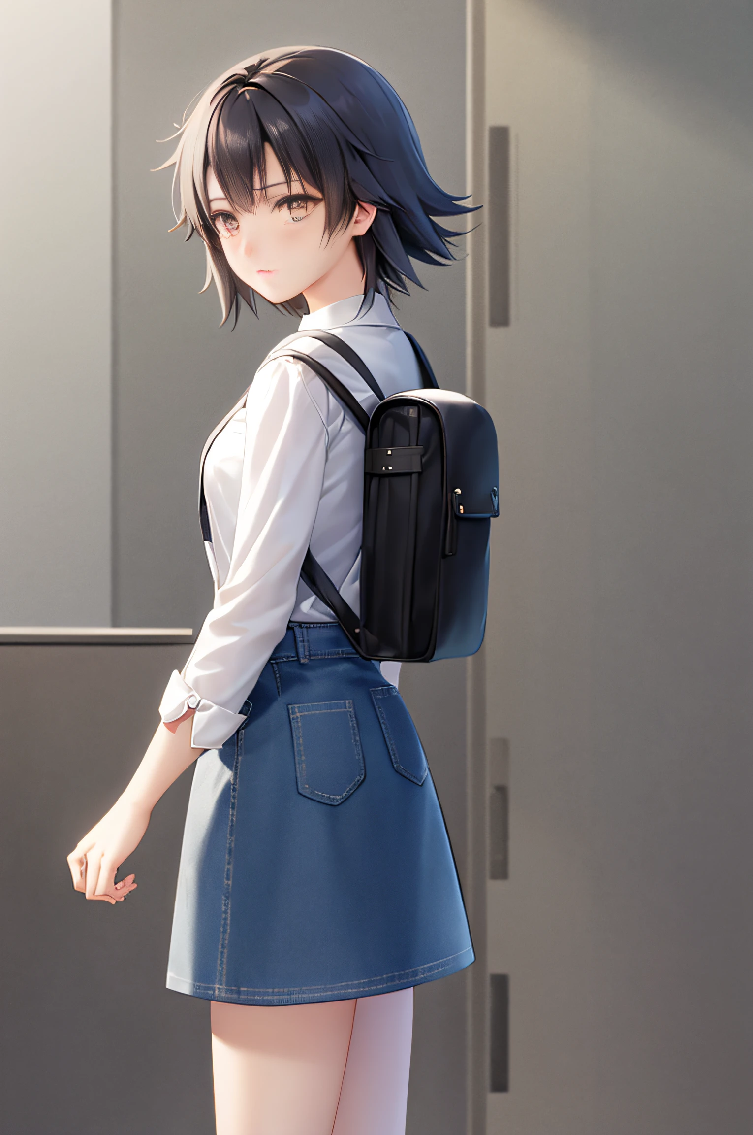 Very detailed and precise illustrations、Very beautiful 25 year old woman standing、独奏、Brown Shorthair、Perfect round gray eyes、small tits、sad Facial expression、Both hands are lowered、Black long sleeve shirt、Wearing a long denim skirt、Carry a small backpack、From head to knee、Back lighting、Makoto Shinkai CG Art。