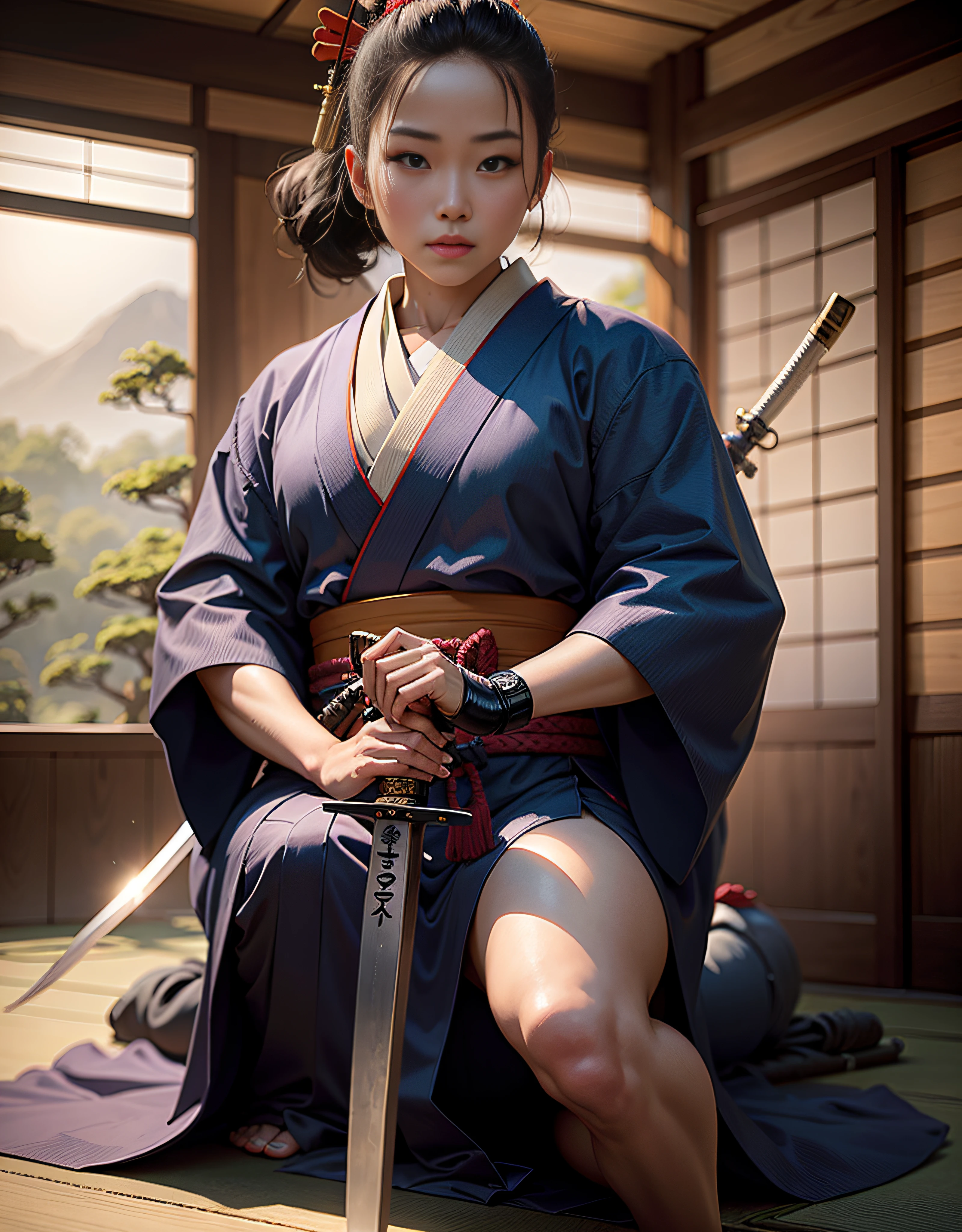 woman in a kimono sitting on the ground with a sword, female samurai, inspired by Kanō Tanshin, inspired by Sesshū Tōyō, wearing hakama, inspired by Tani Bunchō, inspired by Inshō Dōmoto, she is holding a katana sword