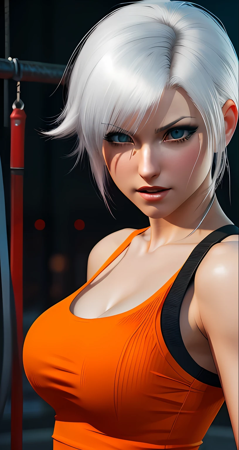 a close up of a woman with a orange top, tifa lockhart with white hair, blue eyes, as a character in tekken, character from king of fighters, faye valentine, dead or alive 6, fighting game character, portrait knights of zodiac girl, photorealistic anime girl render, barbara hammer 4 k, portrait of tifa lockhart, render of april