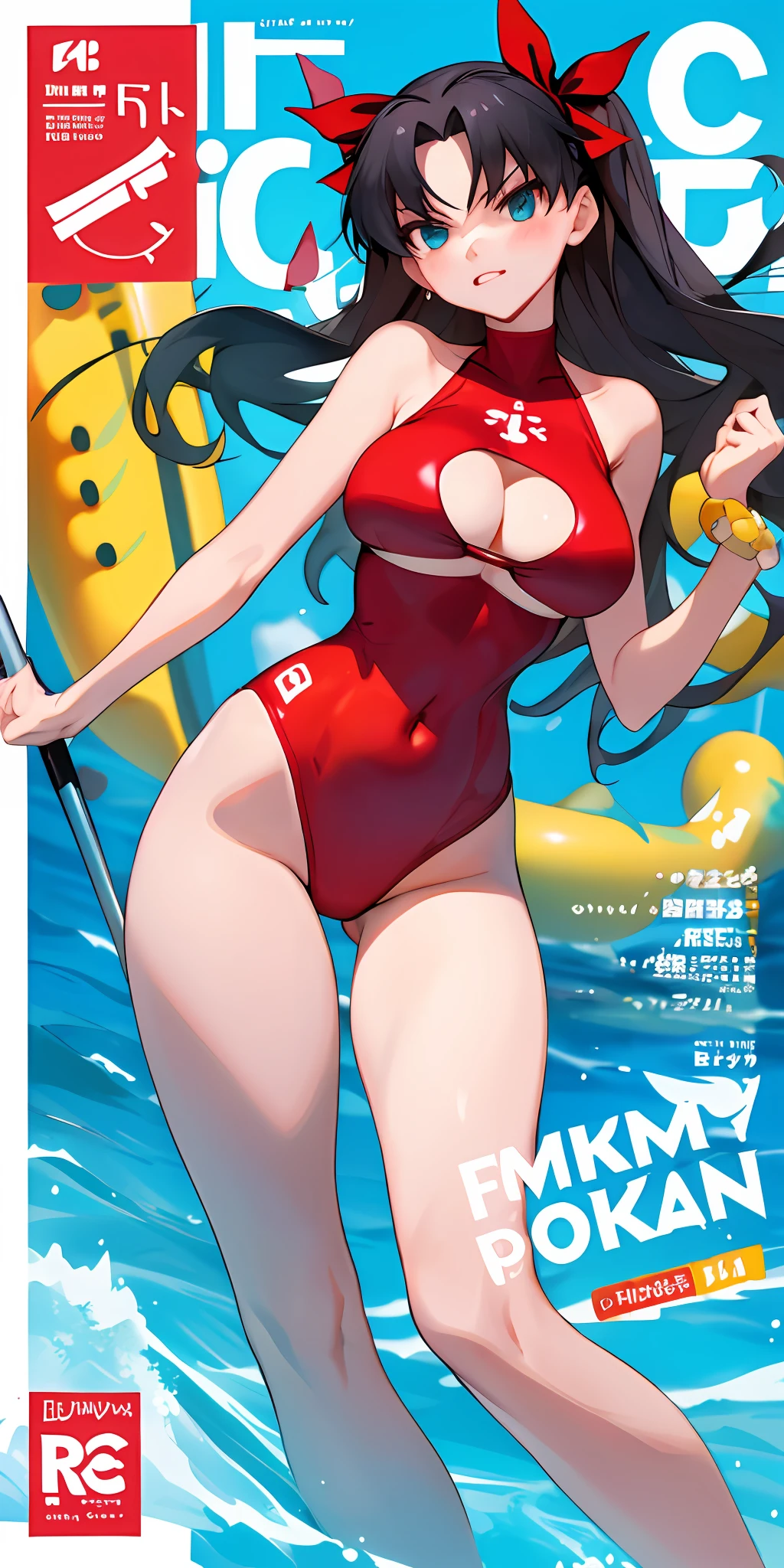 tohsaka-rin,Summer skinny swimsuit，Slim and healthy body shape，huge tit，Ocean park，The curve is obvious，Gym girl,Fleshy thighs，Comic cover style，Comic title，adolable，Ocean park