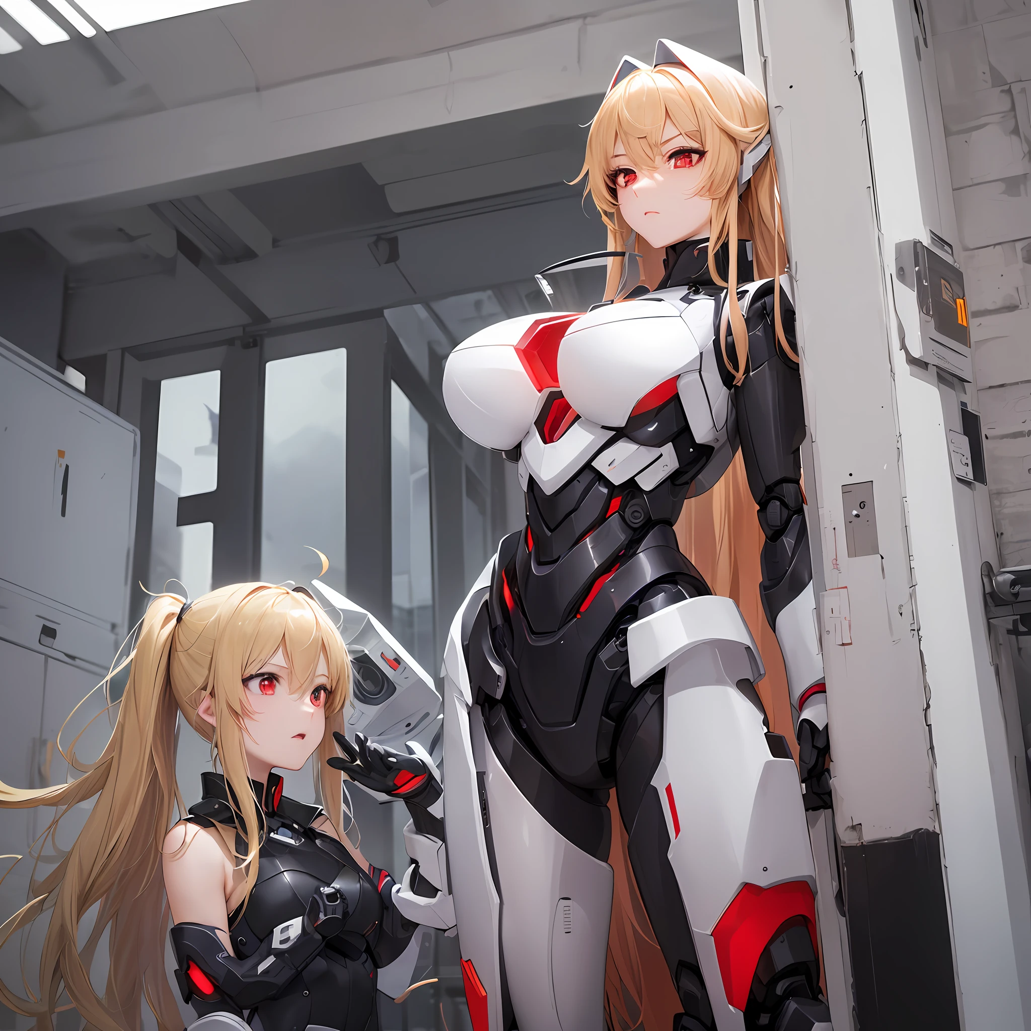 (High-density CG，super high image quality，Dynamic angular perspective，Red-eyed blonde（Red eyes:1.1） Kizi，Tsundere（Tsundere:1.2）of expressions，A translucent white cloth hangs over the shoulder（White cloth:1.1）,A robot phantom appeared behind him,Overlooking，Condescending，Amazing) --auto