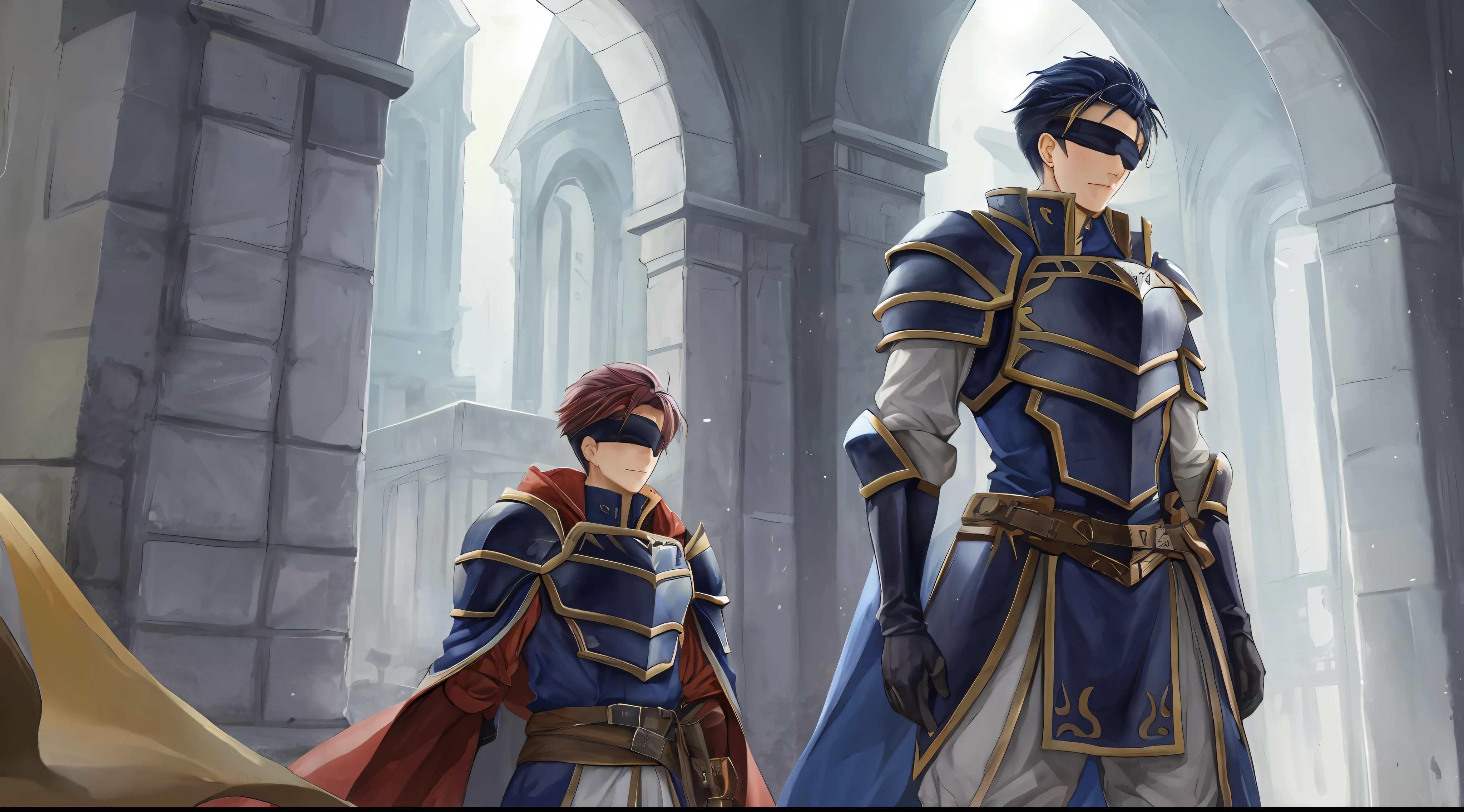 Hector Fey, 独奏, looking at viewert, Cladding,Blindfolds(Blindfolded), mitts, 1boys, Male focus, cloaks, Armour, Shoulder armor, Castle view