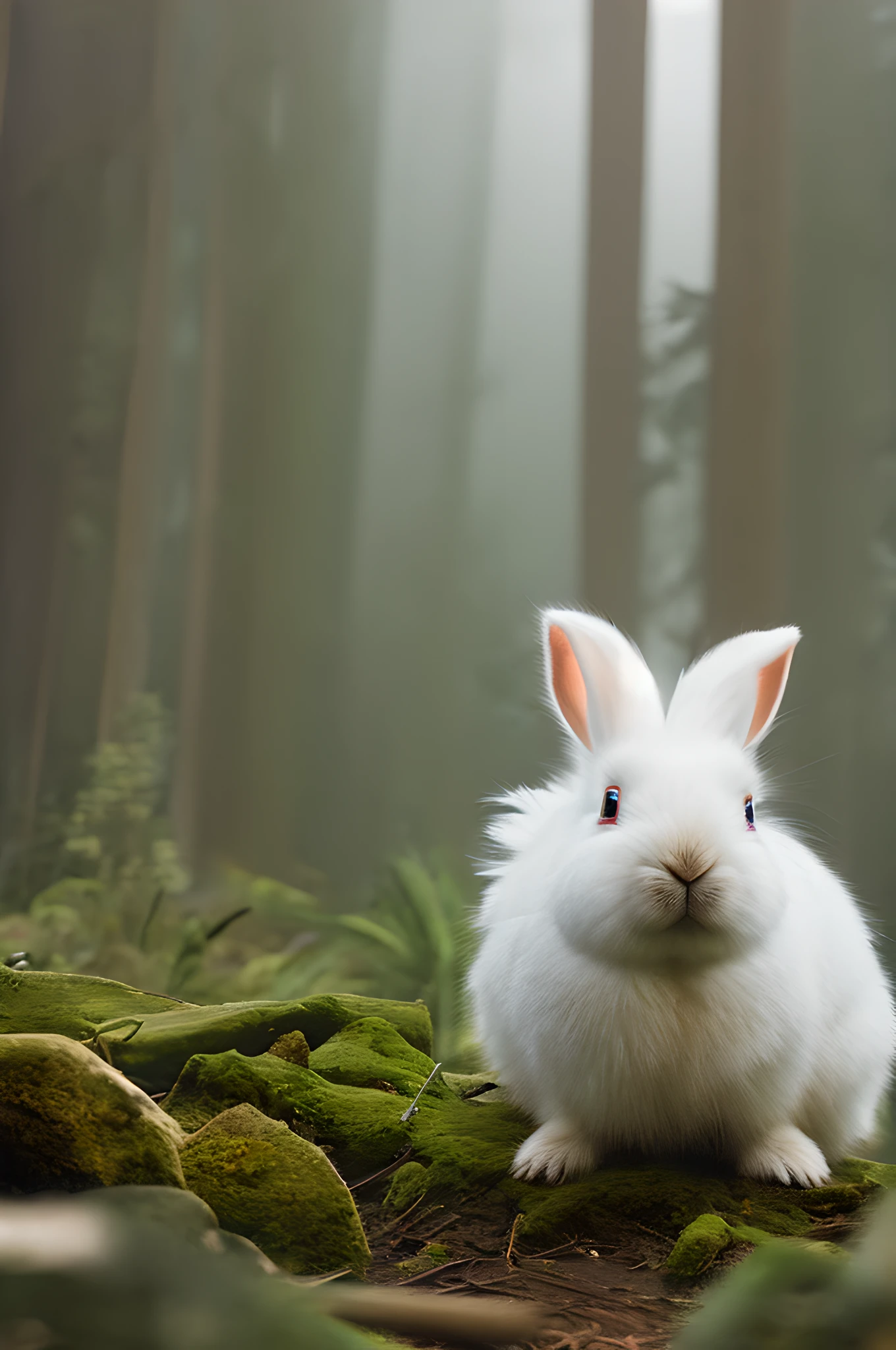 Classic negative portrait photo, fantasy video game character concept art, a cute white fluffy rabbit with a small brown leather backpack looking at a map hiking through the forest, dungeons and dragons, fantasy, river, haze, halo, Bloom, dramatic atmosphere, dark fantasy film of the 1970s, centered, rule of thirds