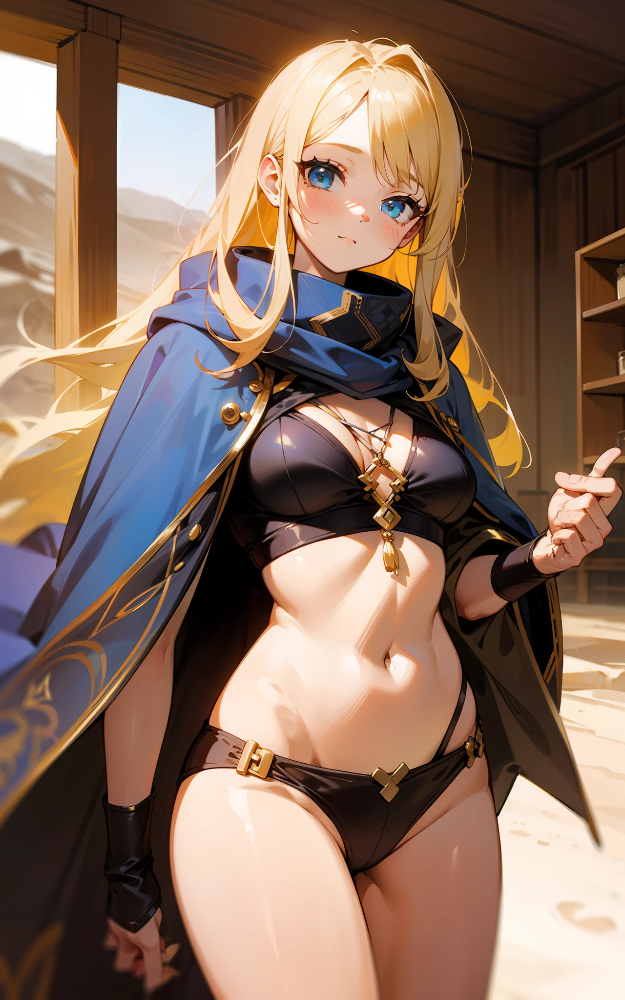 top-quality、hight resolution、detaileds, Desert People、Beautiful girl in underwear and cloak、Inside the desert dwelling、de pele branca、Fantasy World、Blonde long hair、Sauce order、