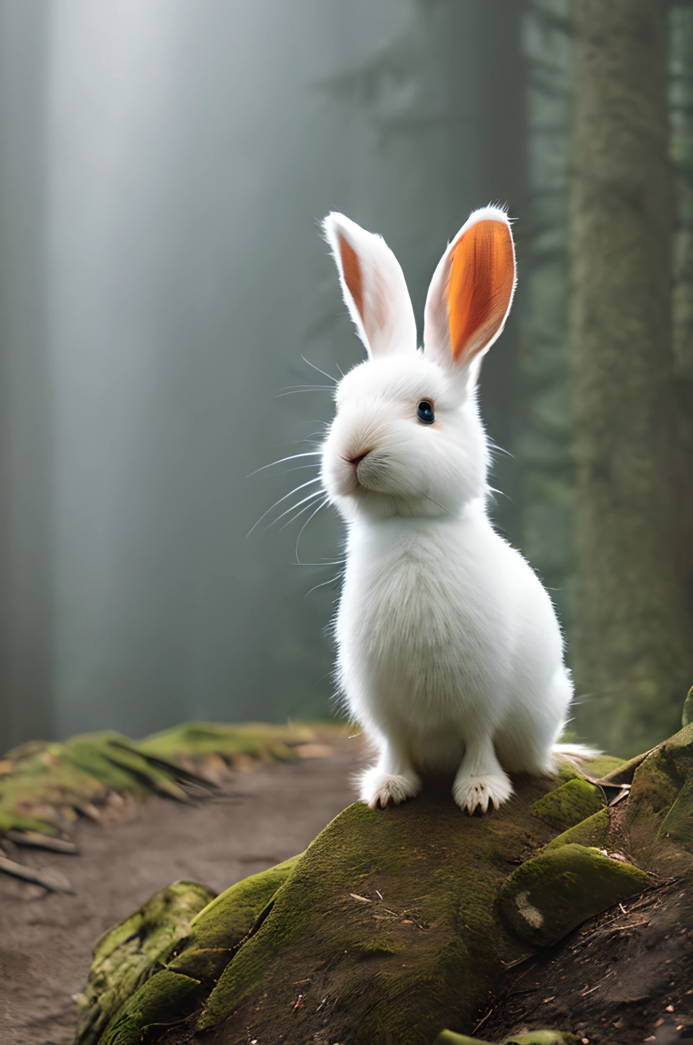 Classic negative portrait photo, fantasy video game character concept art, a cute white fluffy rabbit with a small brown leather backpack looking at a map hiking through the forest, dungeons and dragons, fantasy, river, haze, halo, Bloom, dramatic atmosphere, dark fantasy film of the 1970s, centered, rule of thirds