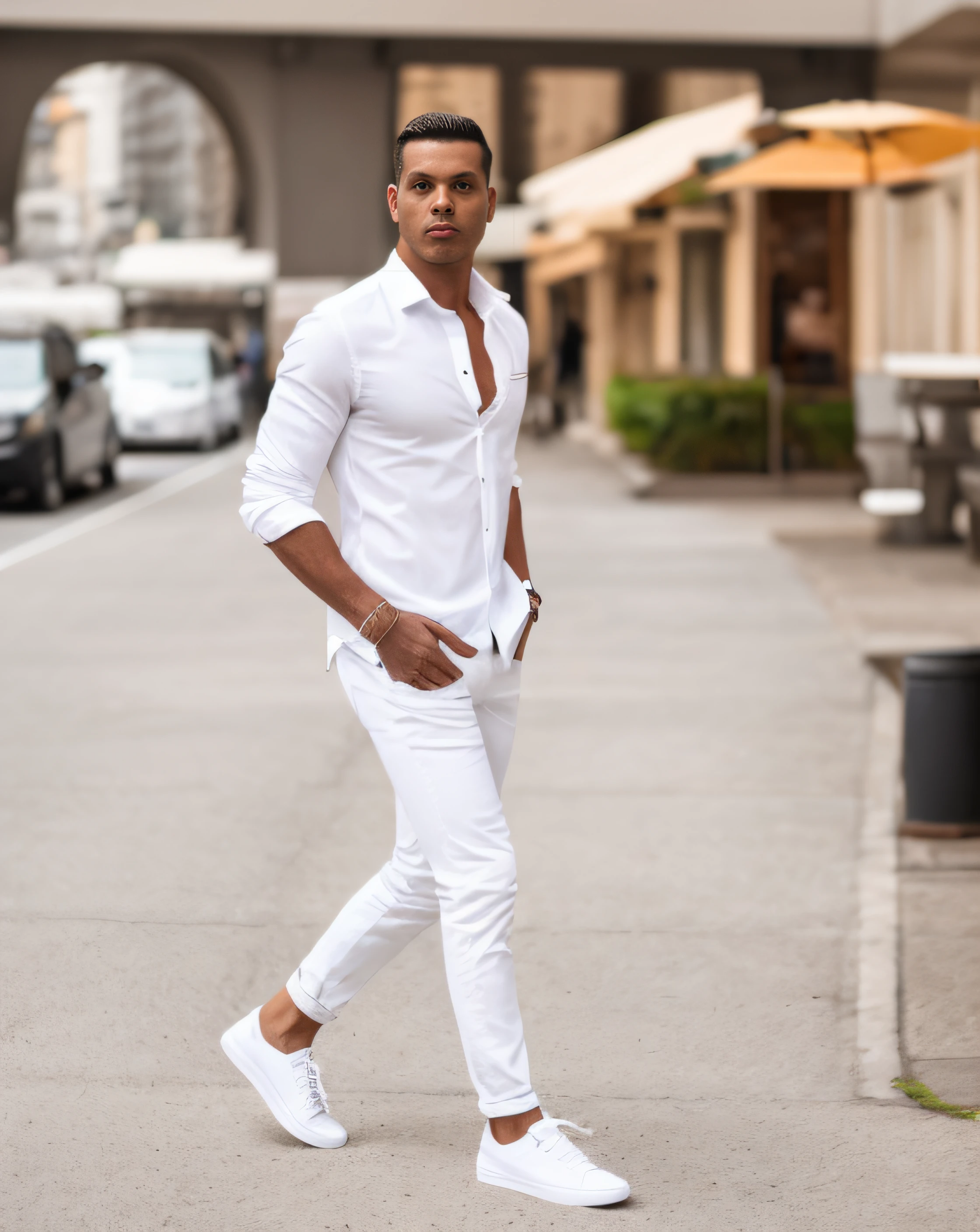 Man in white shirt and khaki pants walking down the street, wearing a white button up shirt, vestindo camisa branca, vestindo uma camisa branca, vestindo uma camisa de linho, vestindo roupas brancas, wearing white sneakers, camisa social branca, roupas brancas da moda, white shirt and jeans, casual white garment, Casual inteligente, moda masculina, Homem magro com pele bronzeada clara