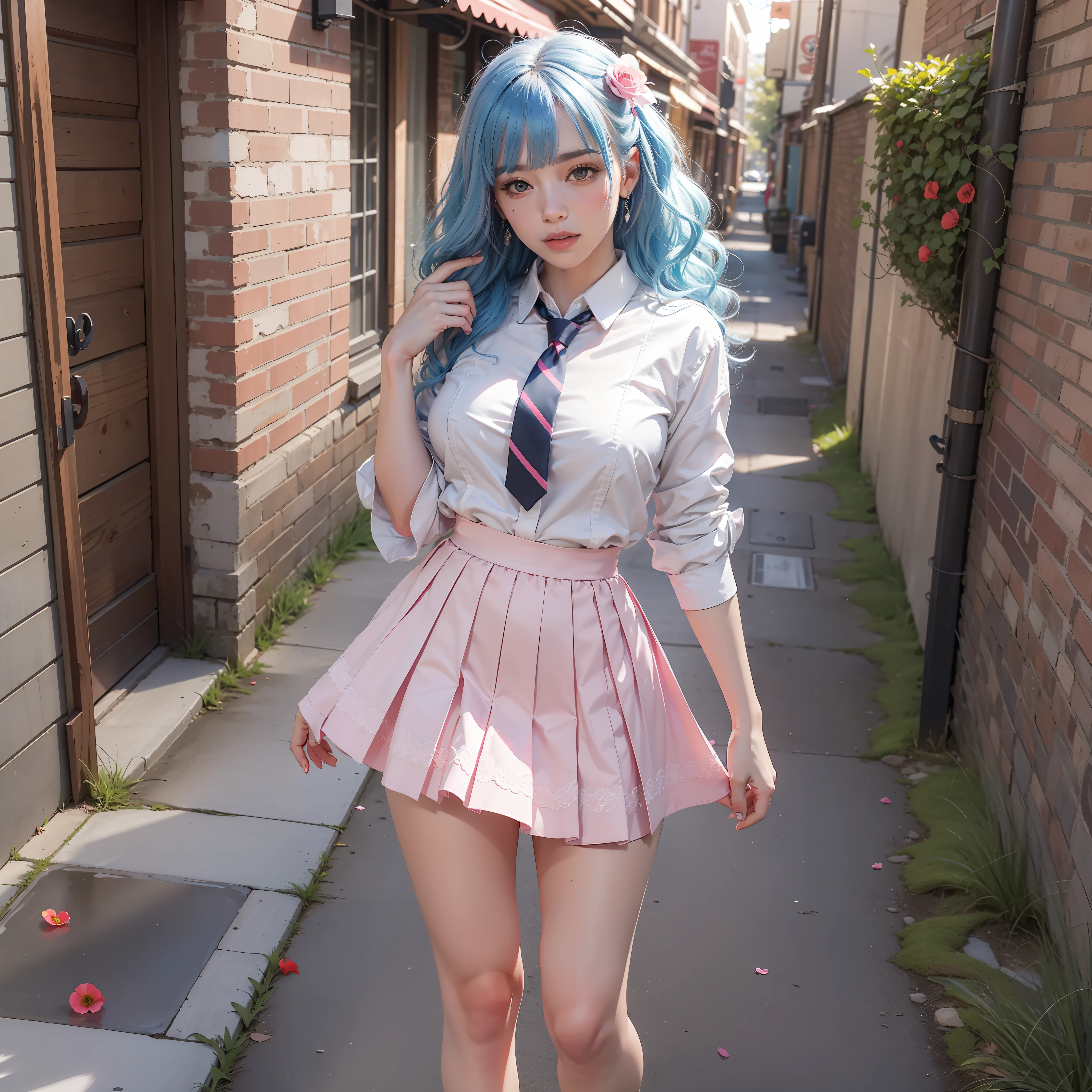 Full body shot ,Blue and pink sky, Sunset, Blue hair, Wavy hair, Blunt bangs, big breast,White elegant shirt, pink necktie, High-rise pink skirt, White stockings, Cowboy shot, Town path, Happy, Poppy flowers, Spring, Red petals, Perfect hands, nice hand,More_Details:0.5, Ultra-realistic, Ultra-detailed, Ultra HD plus 8K resolution,