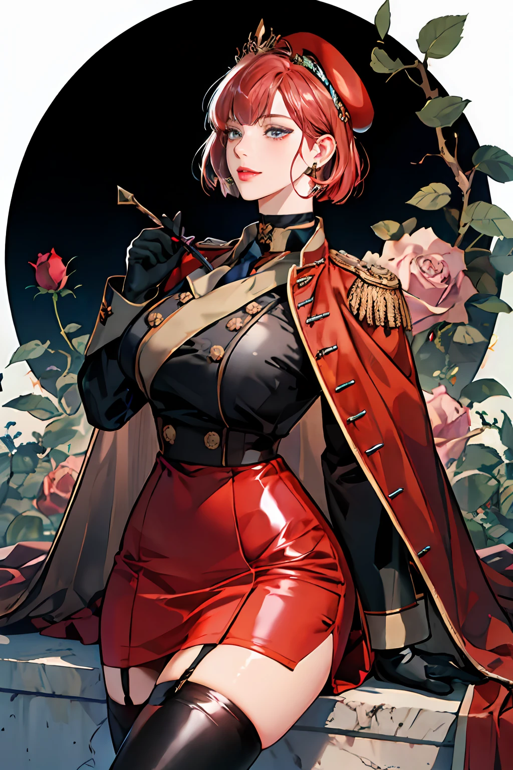 shoujo-style, absurdres, best quality, amazing fine details, high resolution, all intricate, masterpiece, awsome many layers,
rose flower military secretary,evil smile, sadistic, seductive eyes,
(fusion rose flower and woman, woman form rose flower, fusion, rose flower woman,
vines, thorn), (rose flower headpiece), (thorn coiled around her body),
fusion rose flower and military suit, rose flower, (rose red hair, fusion rose flower and hair), rose tattoo,
(luster glossy shiny metallic latex business military outfit),
milf, mature woman,female business-person, glasses, sullenness, 40 years old,
CEO, shirt, tight skirt, black choker, earrings,
bob cut, blunt bangs, fusion satin and latex military uniform, beret, chest cut out, military skirt, cloak, gloves, boots, tights, epaulette, whip, necktie, knee socks, Garter Belt, panties, tuck up skirt,holding whip,
detailed surface texture, breast enhancement, gigantic boob, toned female, glamorous perfect female proportion,