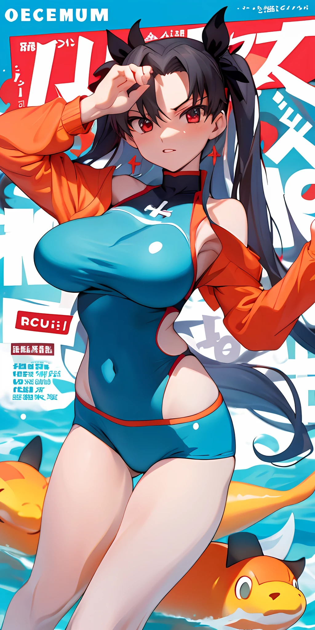 tohsaka-rin,Summer skinny swimsuit，Slim and healthy body shape，huge tit，Ocean park，The curve is obvious，Gym girl,Fleshy thighs，Comic cover style，Comic title，adolable，Ocean park