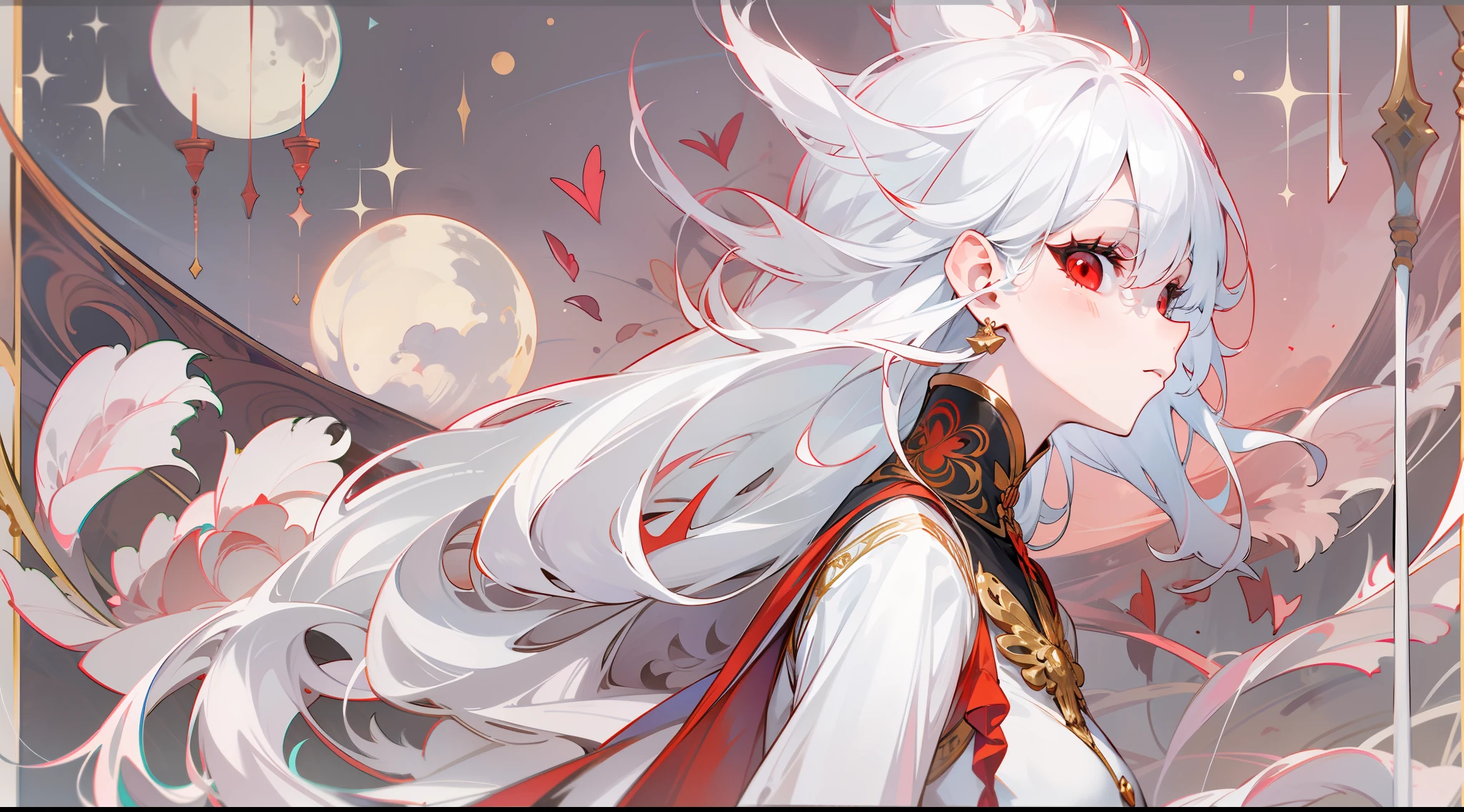 White hair and red eyes，The upper body is 45° sideways，Looking at the night sky，ornate garment