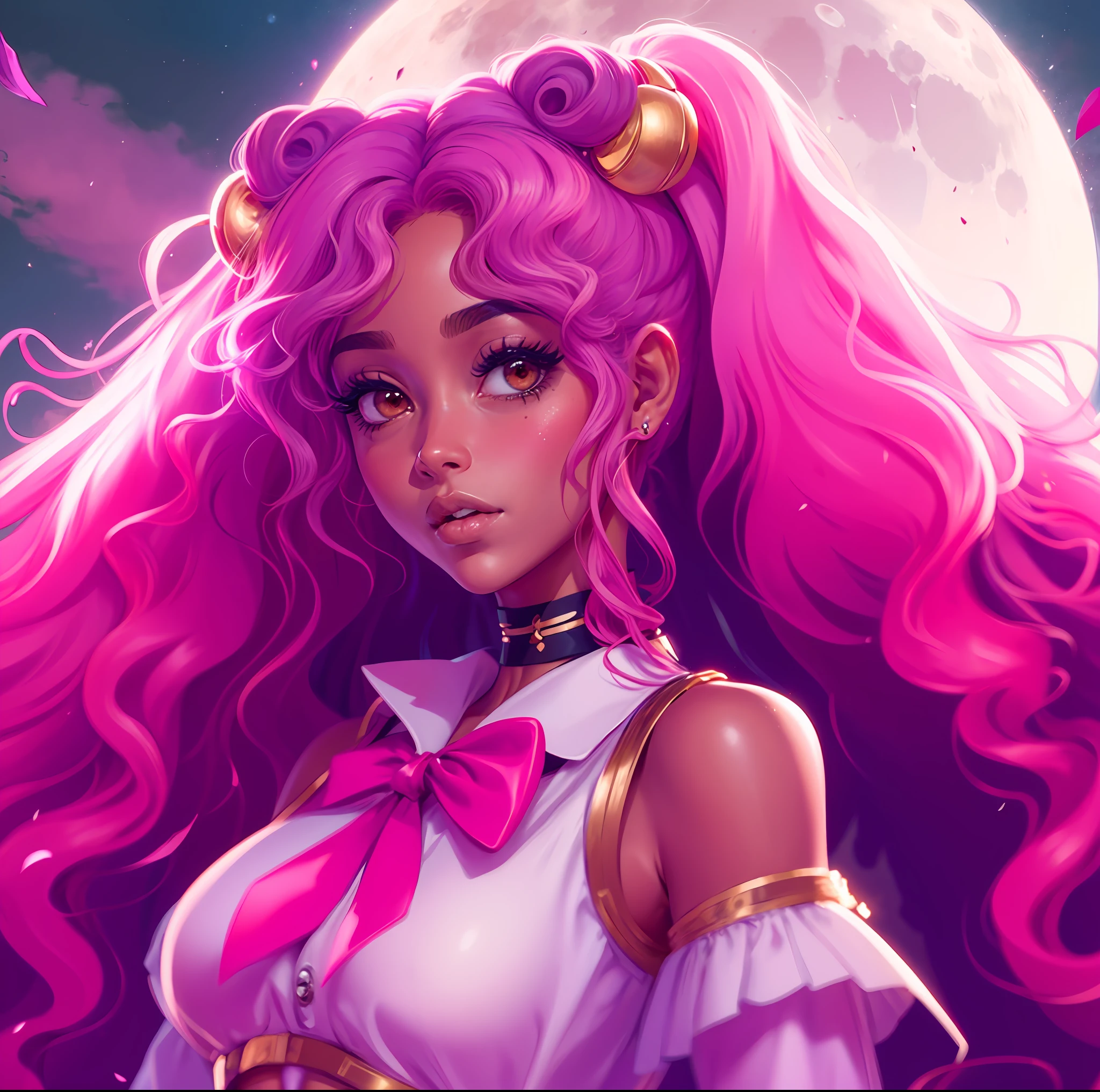 (melhor qualidade) (cartoon style) garota de cabelos rosas com pele preta vestida de salor moon rosa, tematixa rosa e delicada.