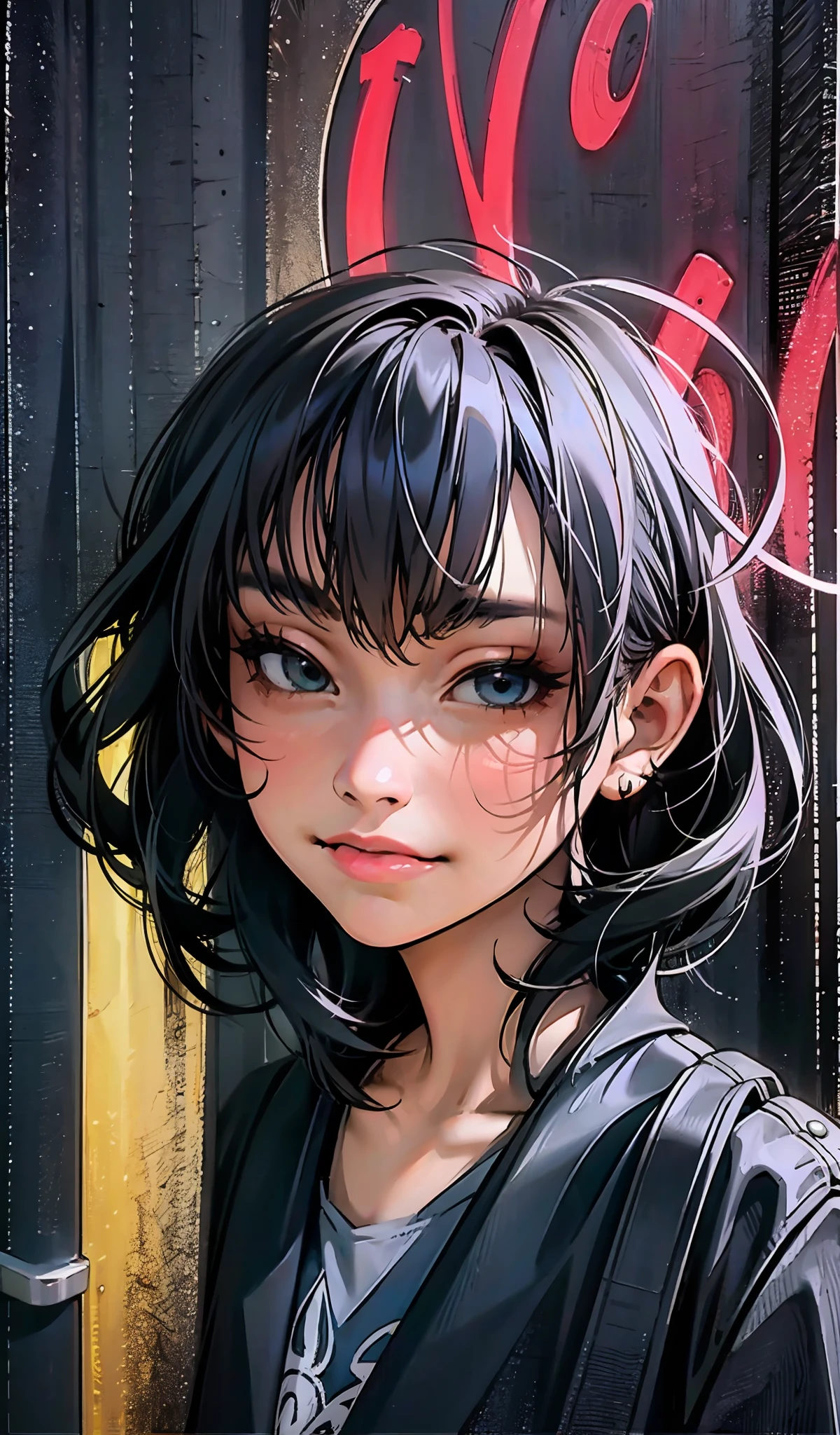 (extremely detailed CG portrait,masterpiece, best quality),(black hair),(beautiful eyes),(night view),(city lights),(dark background), full body, freya jkt48