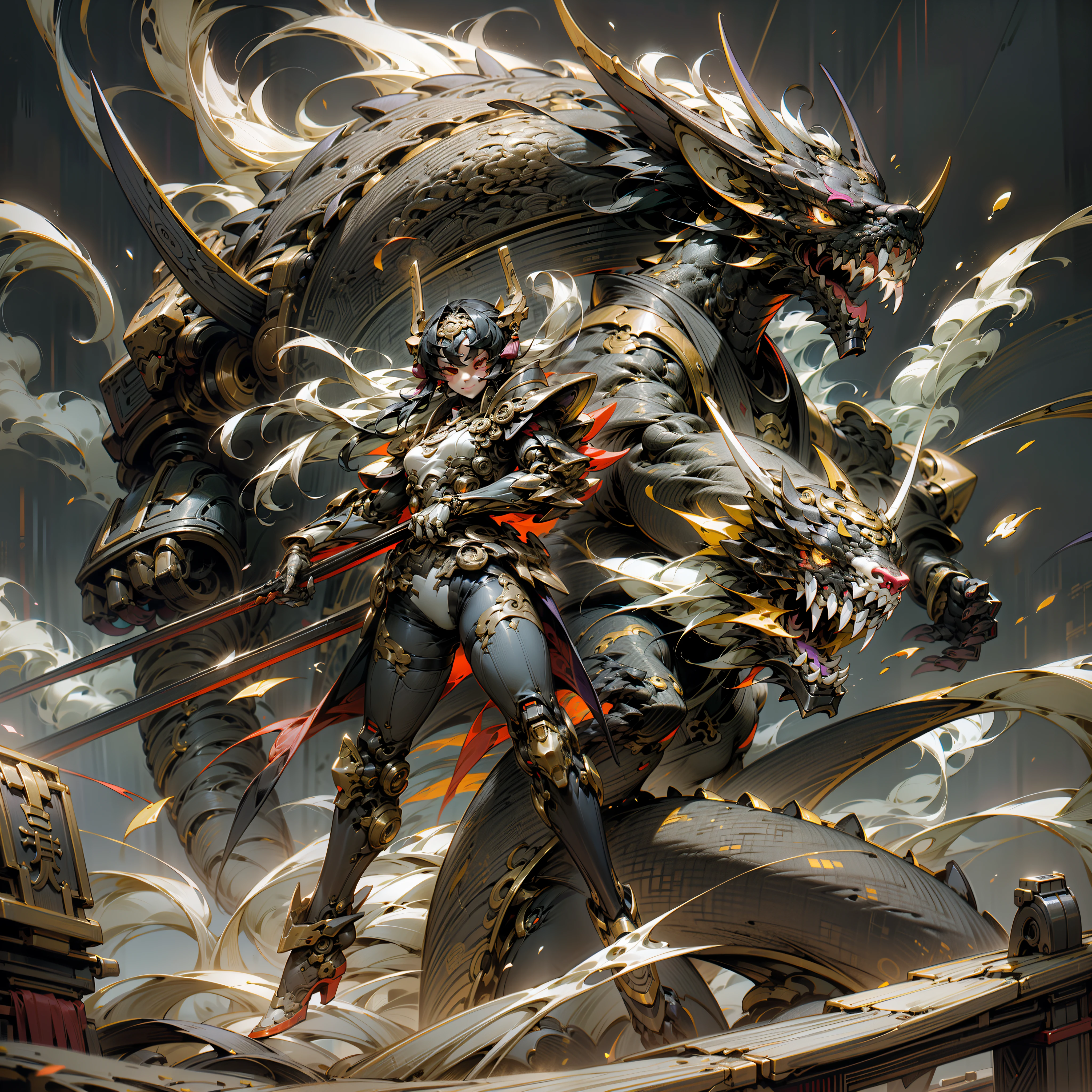 Silvertone,Purple and gold are the main colors,Tall mech,Amber gradient,Use the plasma sword,There is a dragon particle effect,taichi,Chinese Yin and Yang Bagua Five Elements,China-style,Machine armour wind,mechanical sense,sense of strength,Sense of space,combats,cyber punk perssonage,Human body modification,The prominent structure is reasonable,Battle instant,high-quality face,4K,High quality,Masterpieces,of a real,drak,chinesedragon,afterimage,rich colours,China-style,Don Dao,Exocet suit,Brocade Yiwei,obsidian,火焰,water flowing,Light,Highest quality
