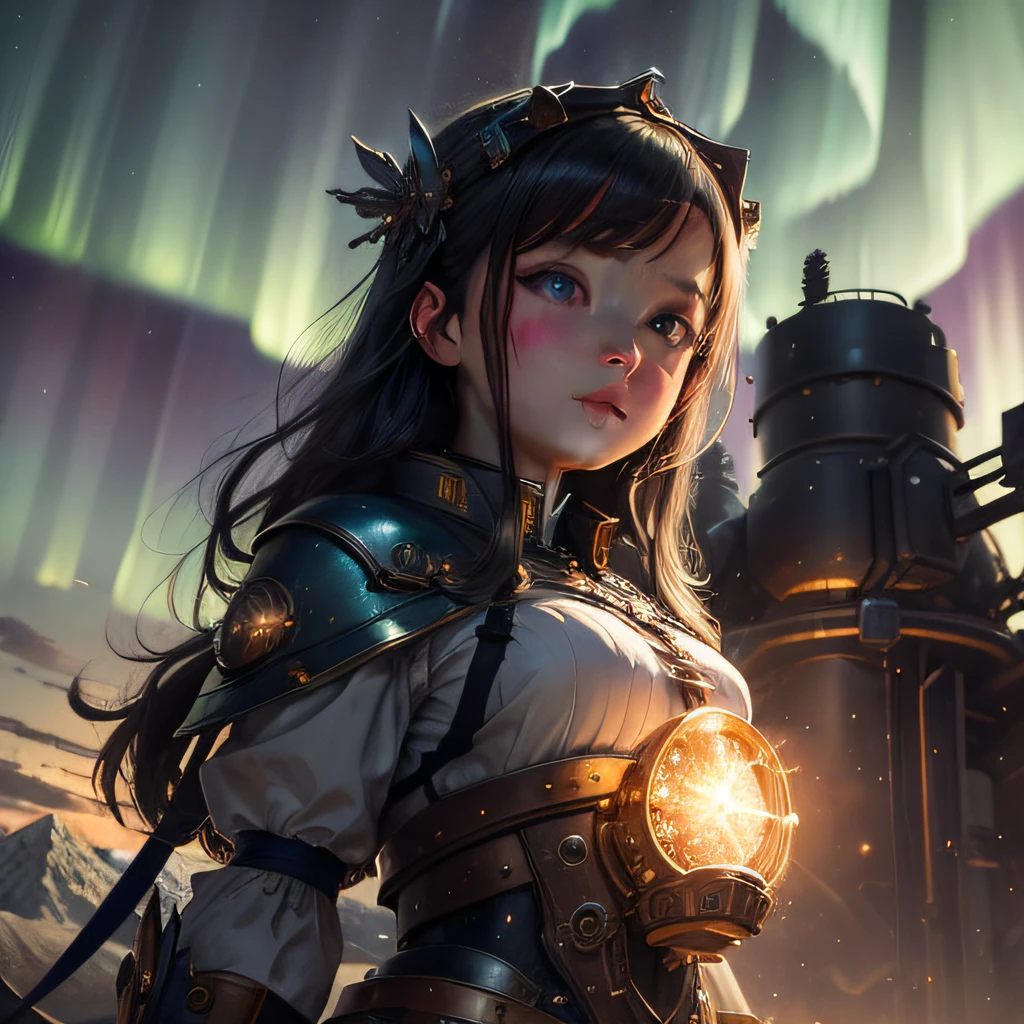 Multi-level background,A starry sky,Clouds of the aurora,Towering peaks,Mechanical giants loom in the clouds，The close-up view is of a cute maiden being sacrificed