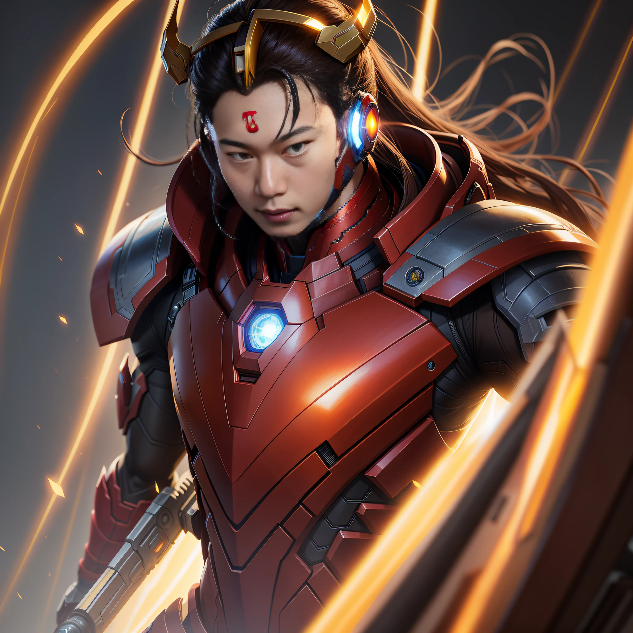 Avengers War Machine,eyes glowing,The halo glows, bian lian, Inspired by Huang Shen, Silas, heise jinyao, inspired by Li Kan, author:ruanjia、stanely artgerm, G Liulian art style, Ruan Jia and Artgerm, Artgerm JSC, Extremely detailed Artgerm, iconic character splash art --auto