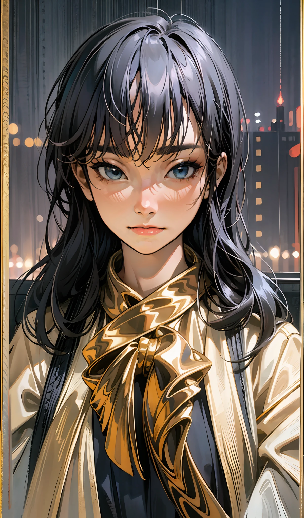 ((extremely detailed CG portrait)), (masterpiece), (best quality), black hair, beautiful eyes, (night view), (city lights), (dark background), full body, female, (Asian ethnicity), (Frilled white dress), (Elegant pose), (Golden accessories)