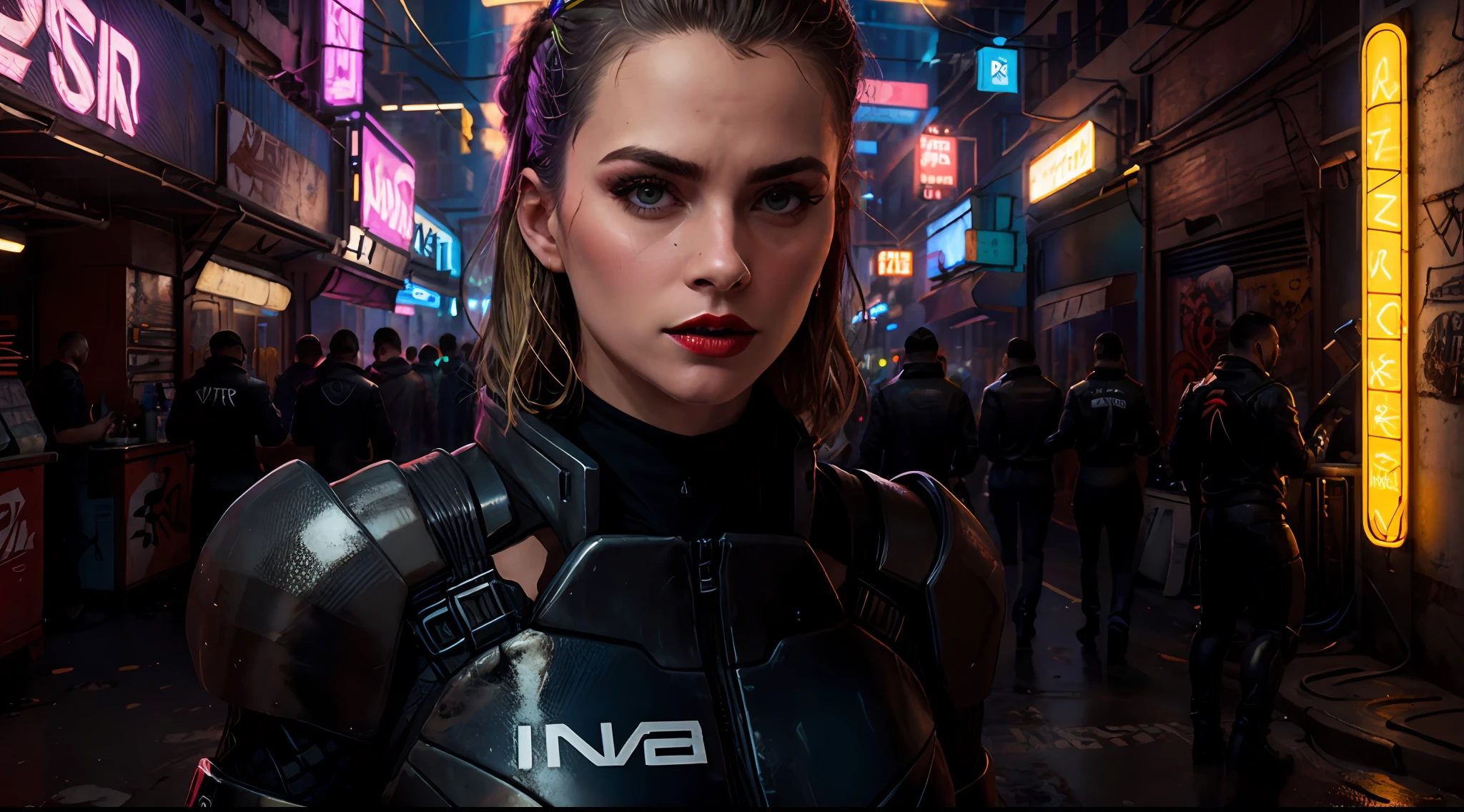 Close-up, uma supermodelo muito bonita, blonde, com quadris muito largos e cintura estreita, full lips, cintura pequena e quadris grandes, Red lipstick, com roupas cyberpunk em uma cidade cyberpunk movimentada com placas de neon, blade runner aesthetics, neon lights, foco nítido, Studio photo, detalhes intrincados, altamente detalhado, profundidade de campo, foco nítido, High detail, textura de pele realista, Realistic, fotorrealista, arte digital, pintura fosca, Directed by: Greg Rutkowski