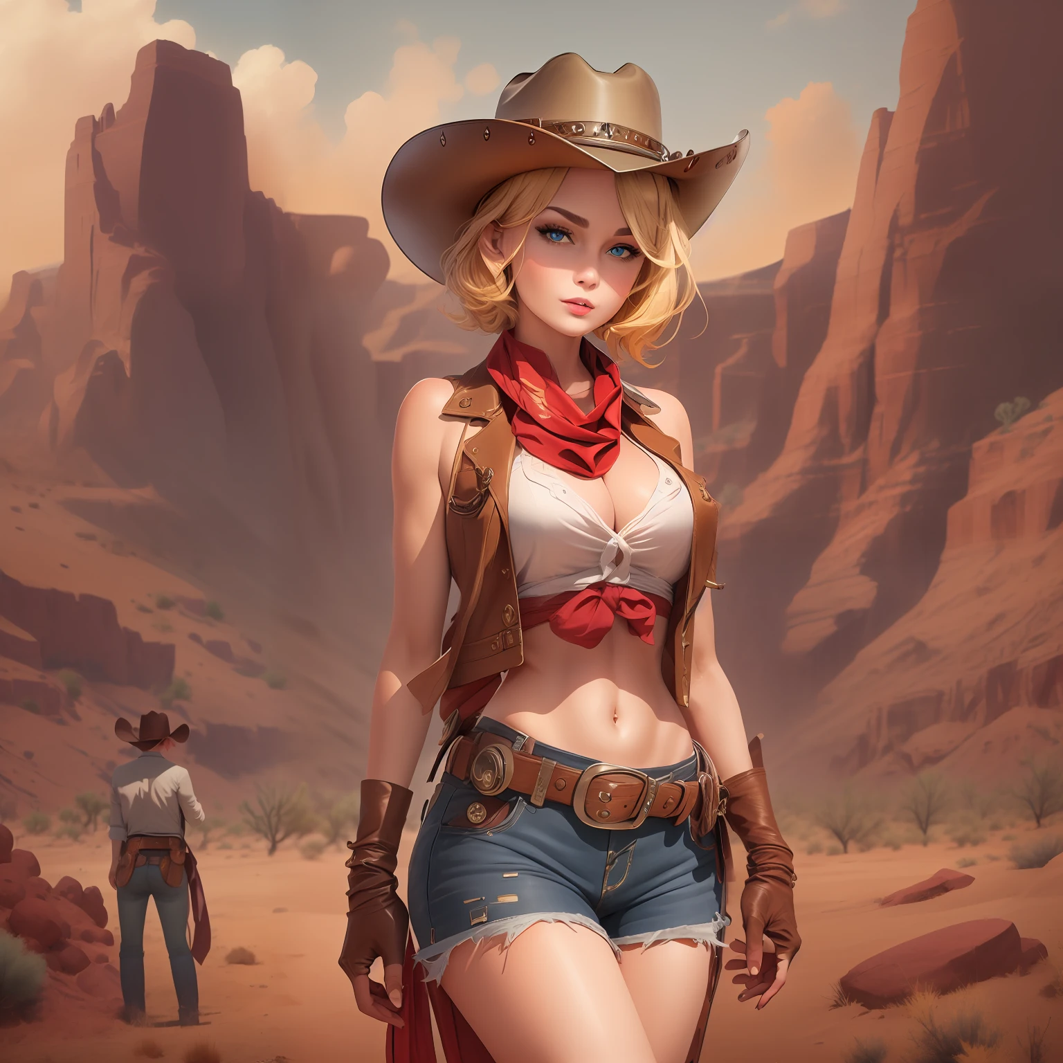 (masterpiece, best quality:1.4), absurdres, highres, ultra detailed, beautiful, 1girl, (cowboy, cowboy western, cowboy hat:1.4), (perfect face, detailed face, beautiful:1.3), (blue eyes, golden hair, bangs, hair intakes, short hair), (natural breasts, cleavage), collarbone, brown vest ,collared shirt, fingerless gloves, gloves, hat, navel, neckerchief, red neckerchief, revolver, short shorts, shorts, thick thighs, thighs, multiple belts, (desert:1.4),