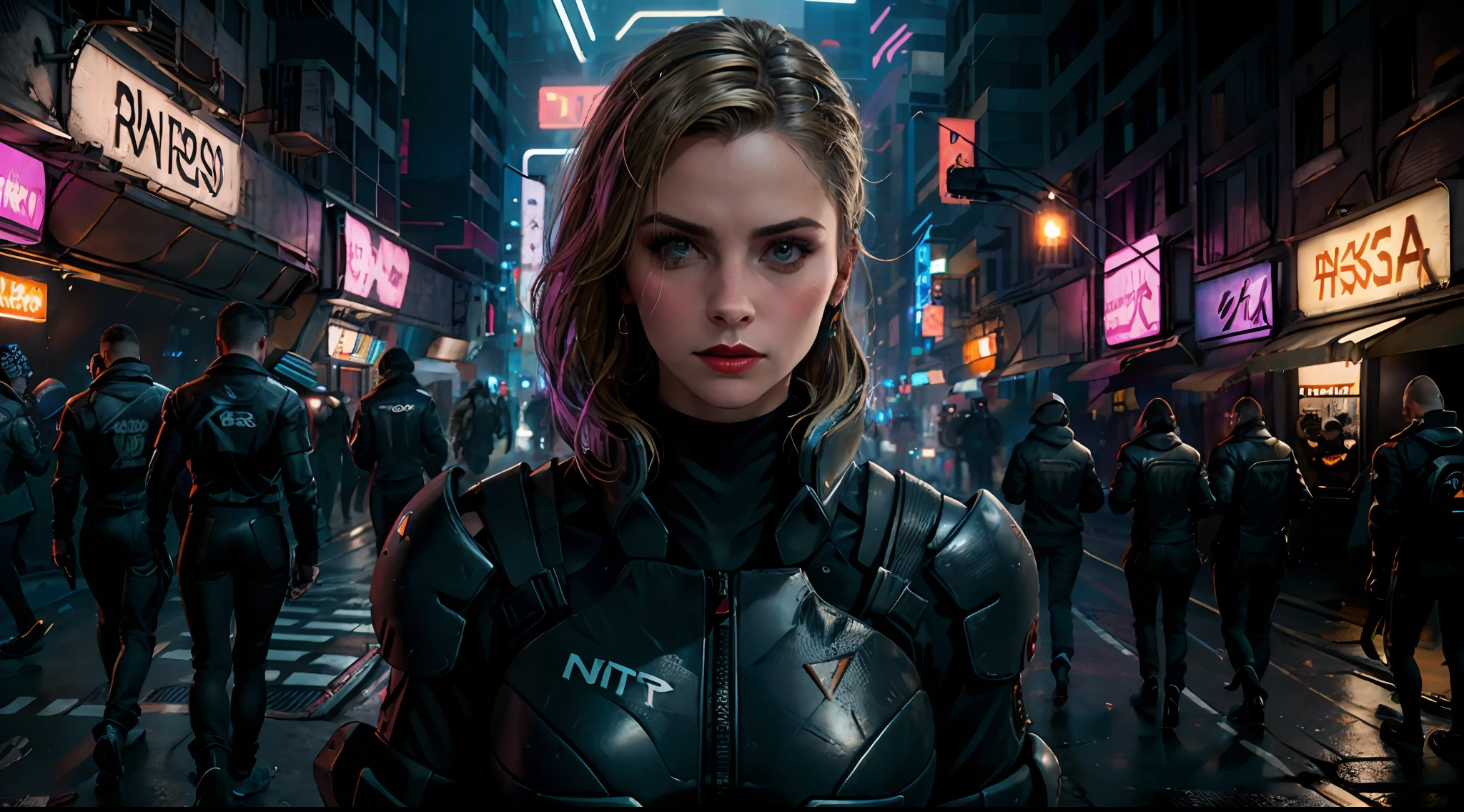 Close-up, uma supermodelo muito bonita, blonde, com quadris muito largos e cintura estreita, full lips, cintura pequena e quadris grandes, Red lipstick, com roupas cyberpunk em uma cidade cyberpunk movimentada com placas de neon, blade runner aesthetics, neon lights, foco nítido, Studio photo, detalhes intrincados, altamente detalhado, profundidade de campo, foco nítido, High detail, textura de pele realista, Realistic, fotorrealista, arte digital, pintura fosca, Directed by: Greg Rutkowski