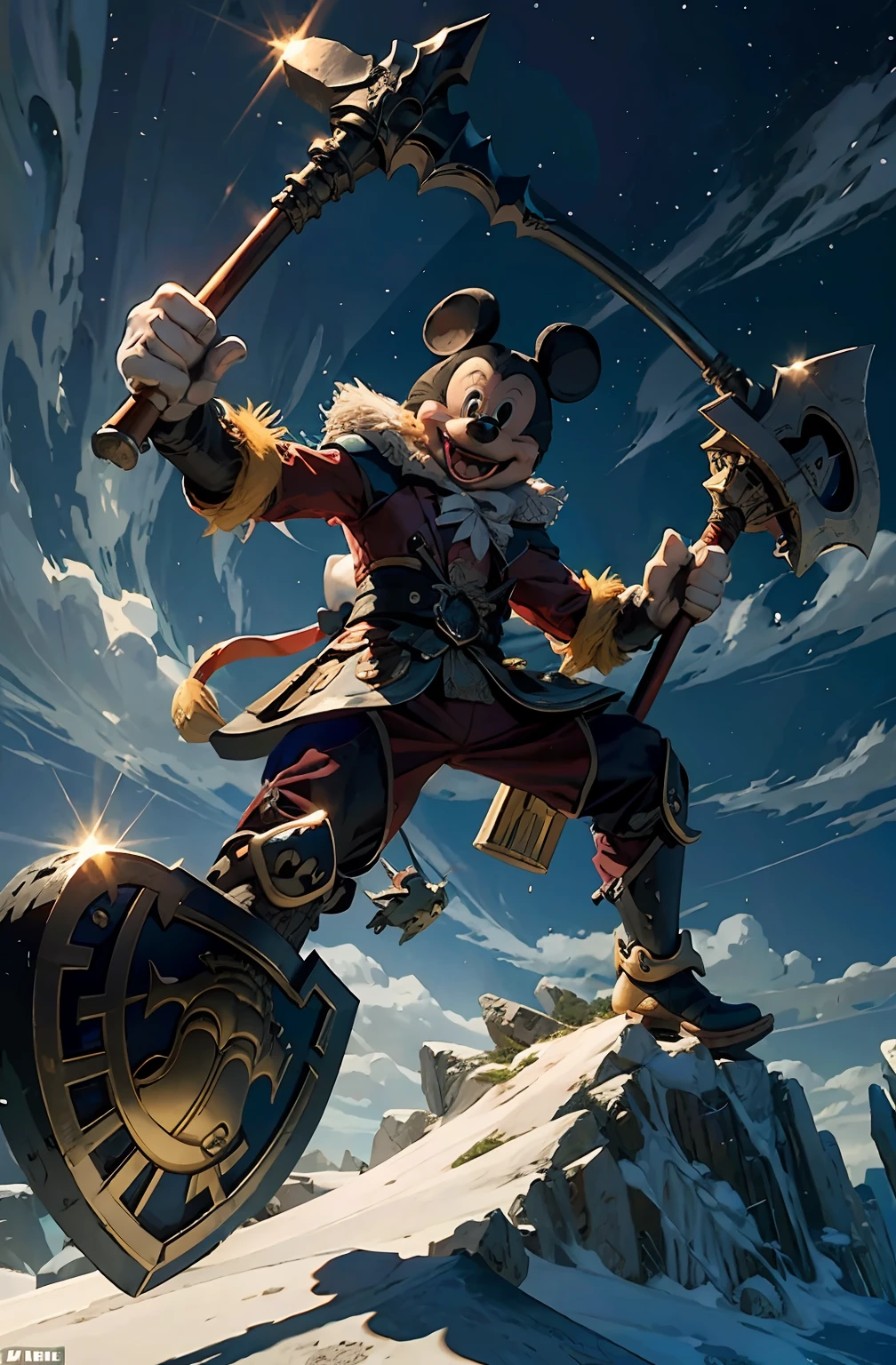 mickey mouse,facing at camera,close-up all over the body,Two serrated axes,Two serrated axes of the same shape,Devilish smile,Stepping on Donald Duck underfoot,Under his right foot is Donald Duck