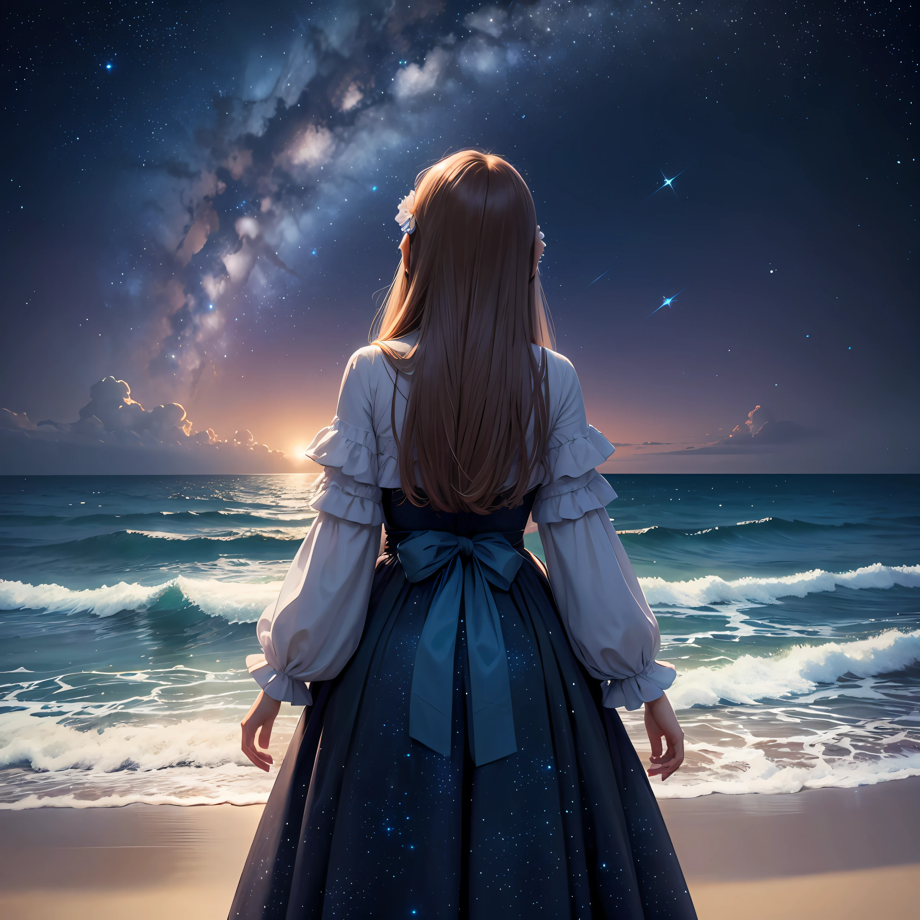 A woman by the sea，Look up at this starry sky，The sea is shining with beautiful starlight，tmasterpiece，Realistis --auto