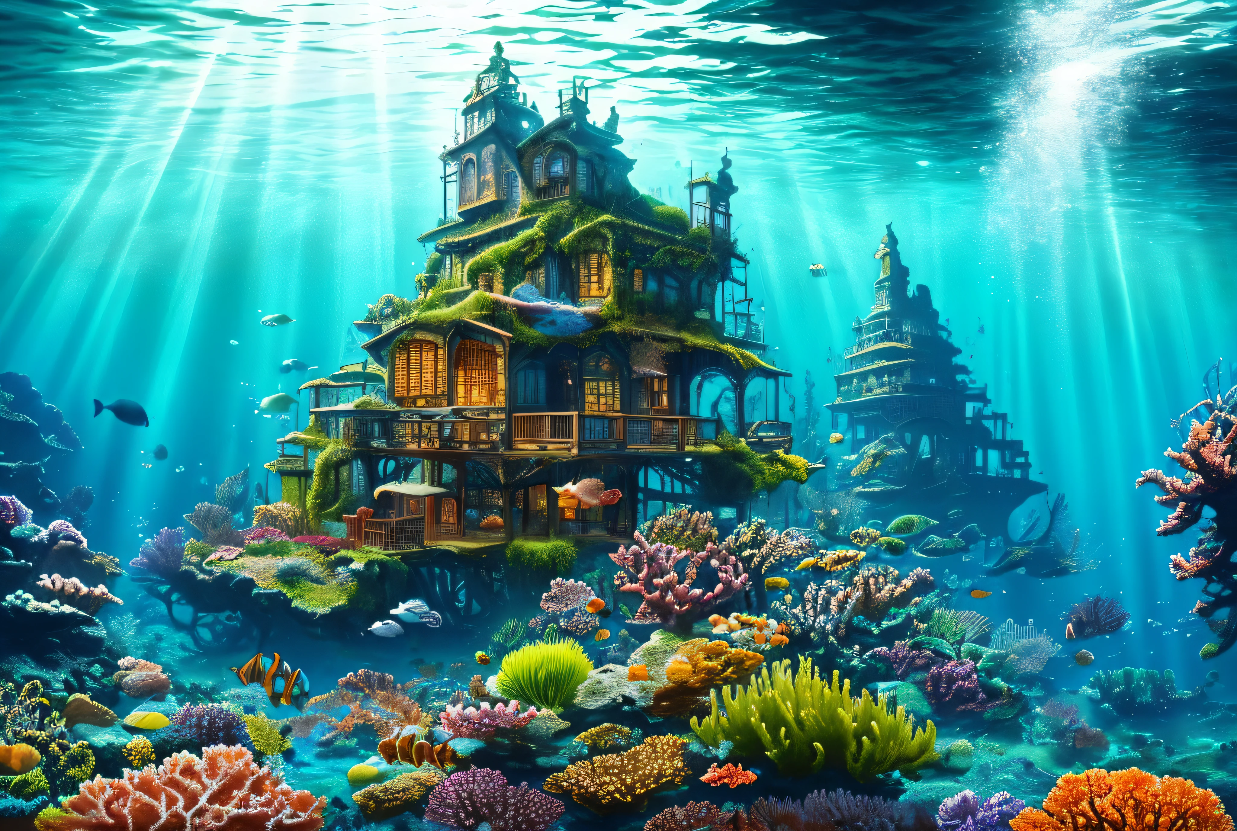 Underwater world deep sea, epic reality, (hdr: 1.4), dappled sunlight, cool colors, ancient ruins, underwater cities, ocean-type houses full of sense of design, amazing art, epic composition, (complex details ), (Complicated Detail, Ultra Detail: 1.2), Art Station, (Masterpiece, Best Quality) --v 6