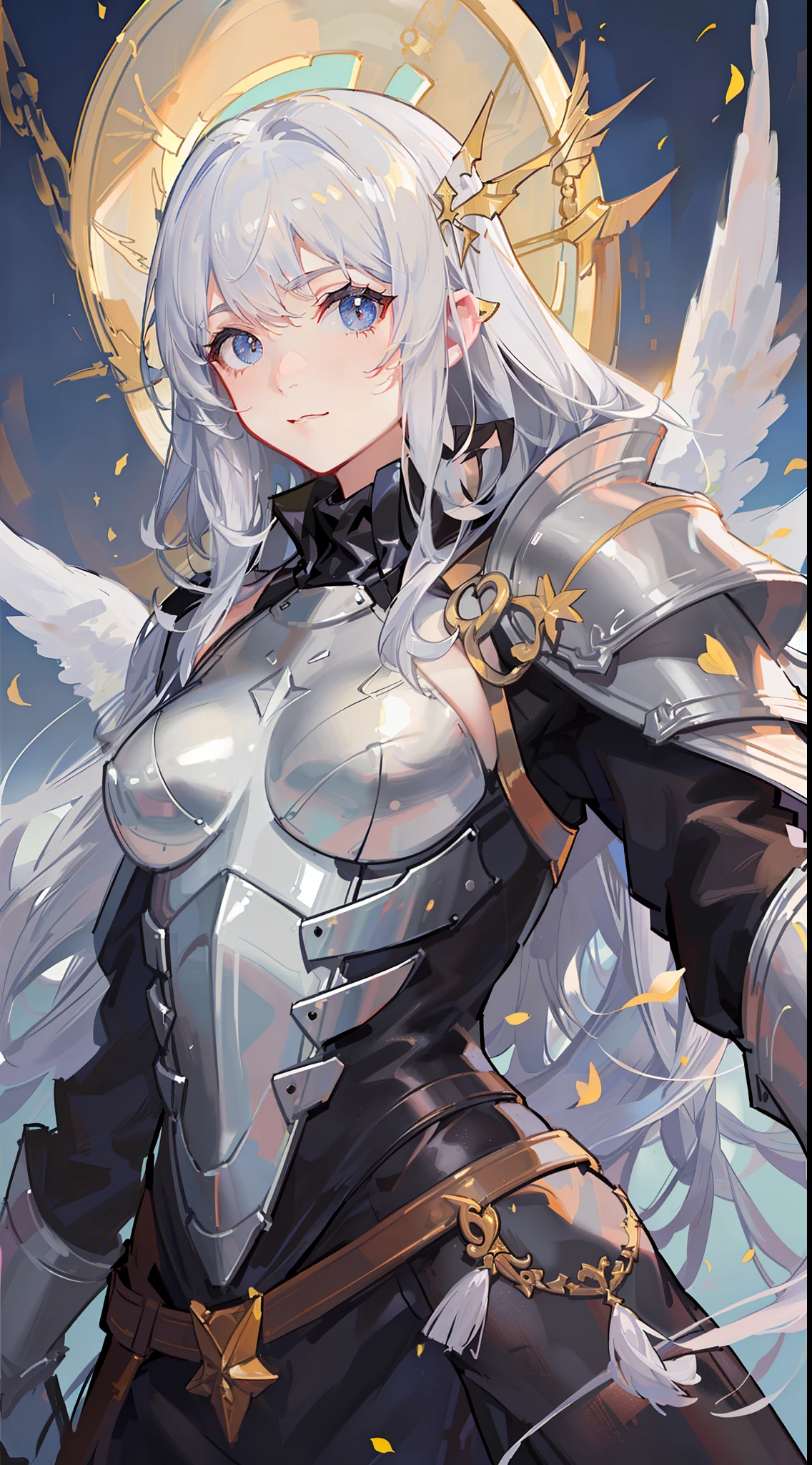 Grown-up guy, Long white hair, golden eyes, Angel Armor, open arms, Masterpiece, hiquality