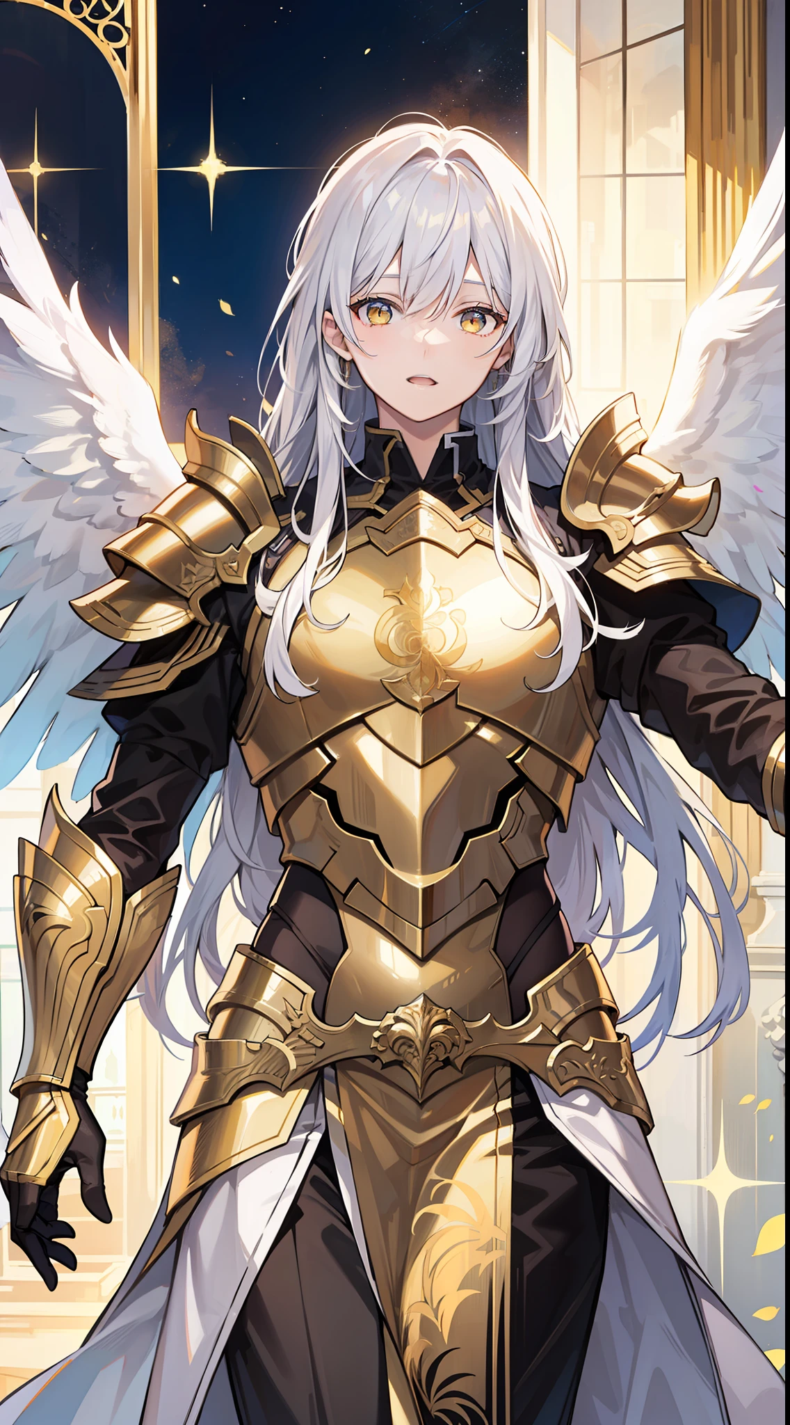 Grown-up guy, Long white hair, golden eyes, Angel Armor, open arms, Masterpiece, hiquality