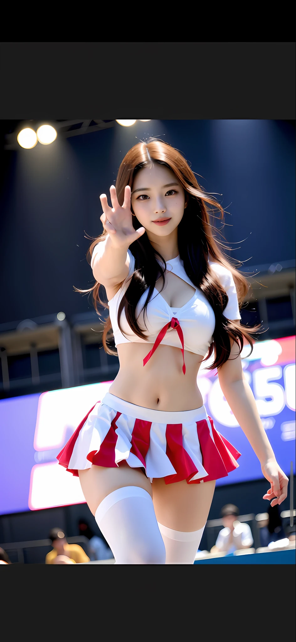 An Asian woman in a cheerleading costume waves, Korean girl, beautiful Korean women, Korean Idol, hot with shining sun, jaeyeon nam, Gorgeous young Korean woman, Beautiful young Korean woman, tzuyu from twice, trending at cgstation, Red and white, portrait of female korean idol, cutecore, Korean woman, photo of slim girl model