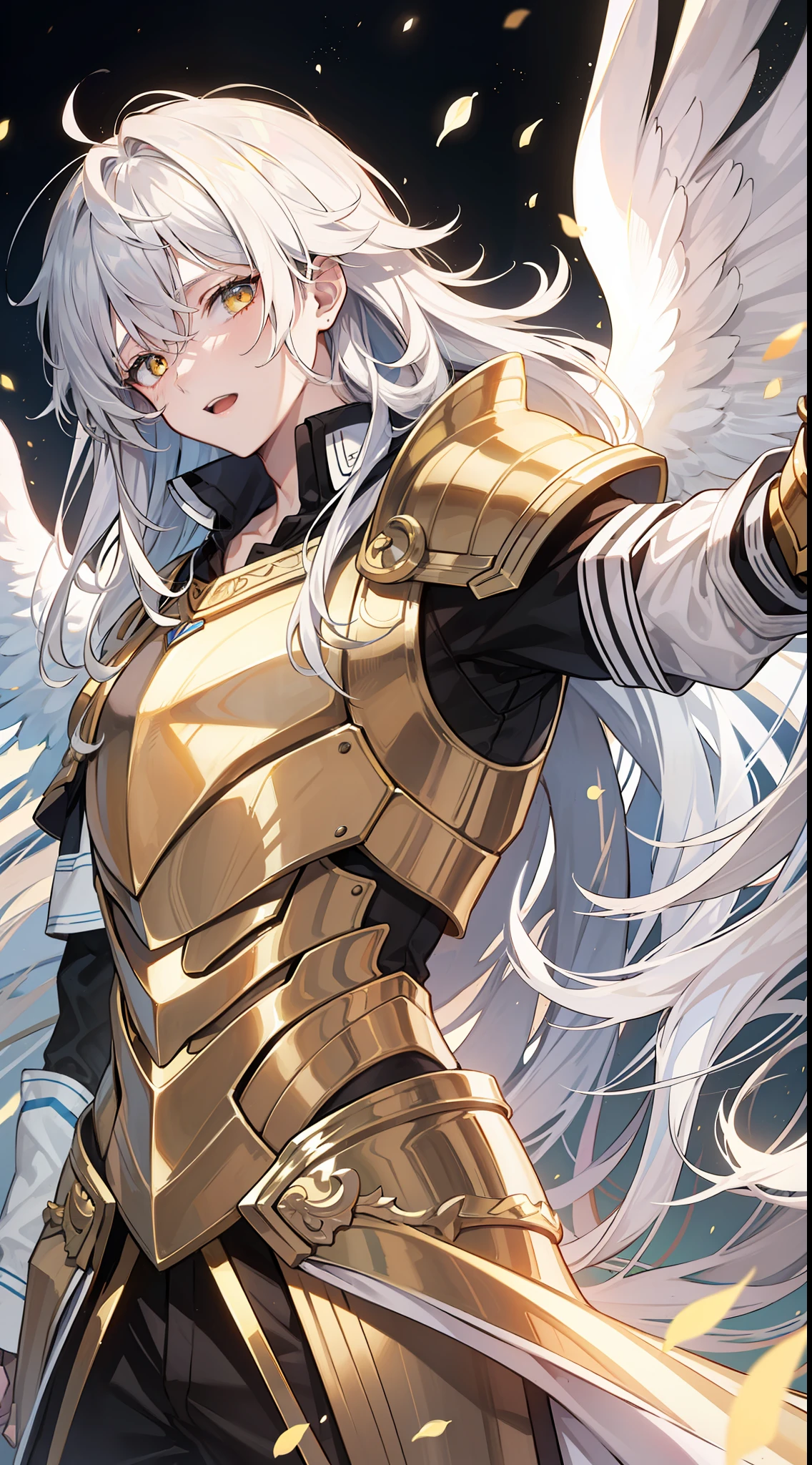 Grown-up guy, Long white hair, golden eyes, Angel Armor, open arms, Masterpiece, hiquality
