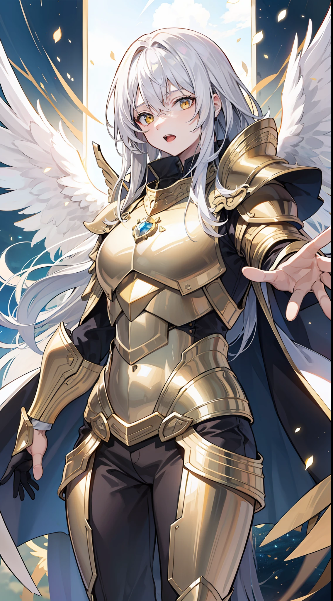 Grown-up guy, Long white hair, golden eyes, Angel Armor, open arms, Masterpiece, hiquality