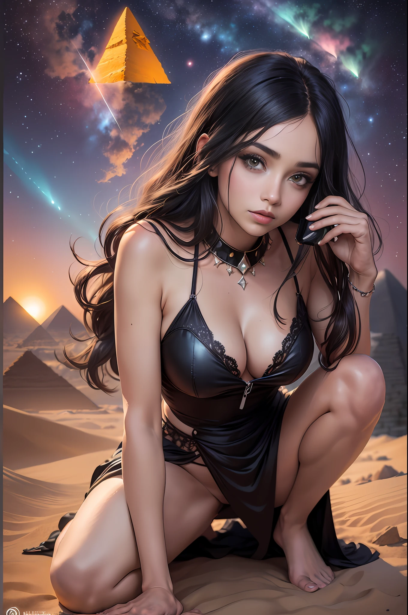 ((hiper-realista, fotorrealista, 8k, detalhes intrincados)) em perspectiva (Poses variadas), uma, jovem mulher morena cyberpunk, 19 anos, donzela do deserto, anjo do deserto, senhora das trevas, rainha do deserto, deusa das areias, Linda, medium breasts firm and yummy, fluttering black hair, olhos verdes intensos, pele morena suada (molhada) e sedosa (textura de pele ultradetalhada) usando um vestido indiano bege sexy, walking barefoot through a desert in Egypt (Detalhe de fundo, pyramids being hit by meteors, explodindo) ao entardecer (........neon, lua, estrelas, open sky, profundidade de campo acentuada).