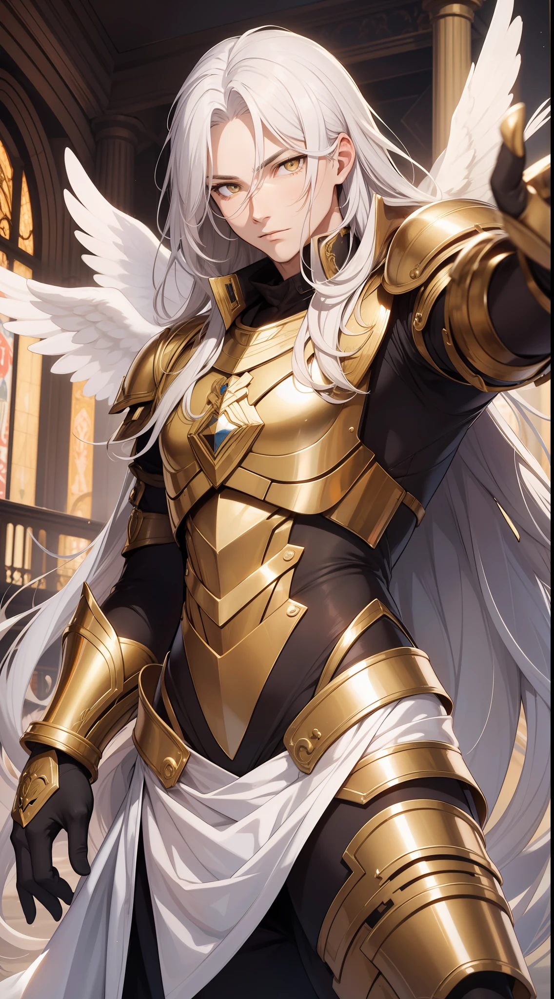 Grown-up guy, Long white hair, golden eyes, Angel Armor, open arms, Masterpiece, hiquality