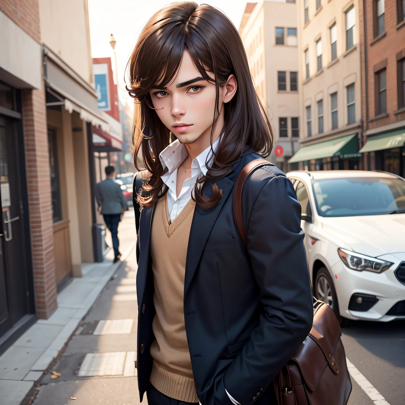 brunette color hair，schoolboy，Handsome，adolable --auto