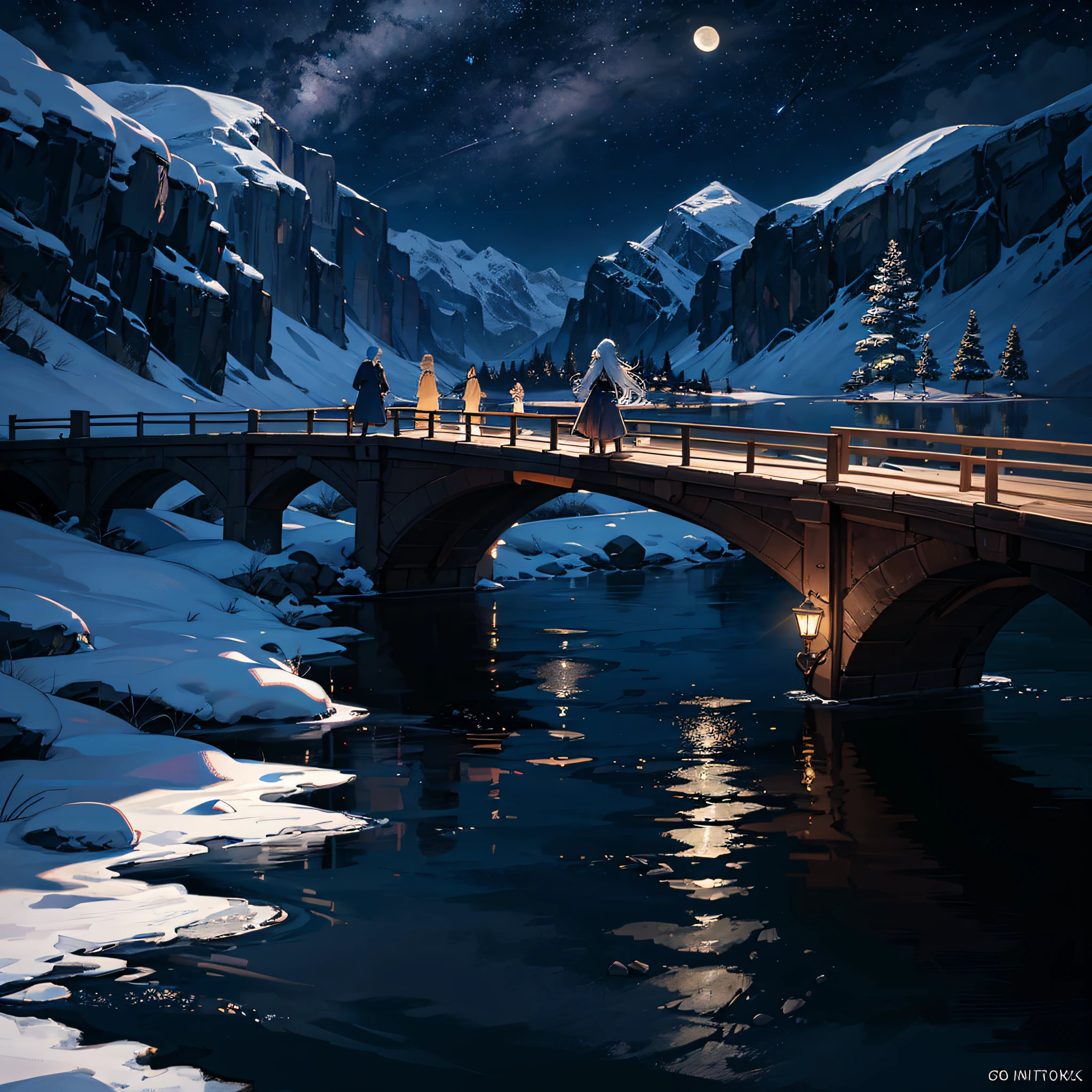 A painting of a river with stars and moon in the sky, concept art inspired by Tosa Mitsuoki, pixiv contest winner, best quality, fantasy art, beautiful anime scene, a bright moon, moonlit starry environment, dream painting, Anime Background Art, Fantasy Landscape Art, Fantasy Night, Anime Background, Background Artwork, Fantastic Art, Atmospheric Anime, Starry Sky, Detail Enhanced. --auto